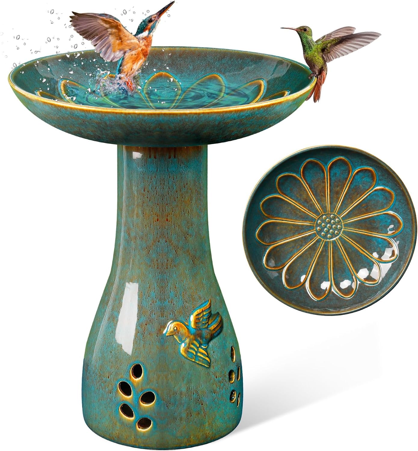 Ceramic Bird Bath for Outdoors, 21.5 inch Heavy Duty Bird Bath，Weather-Resistant Birdbath for Outdoor Garden Use, Attracts Birds, Elegant Yard Décor - Blue