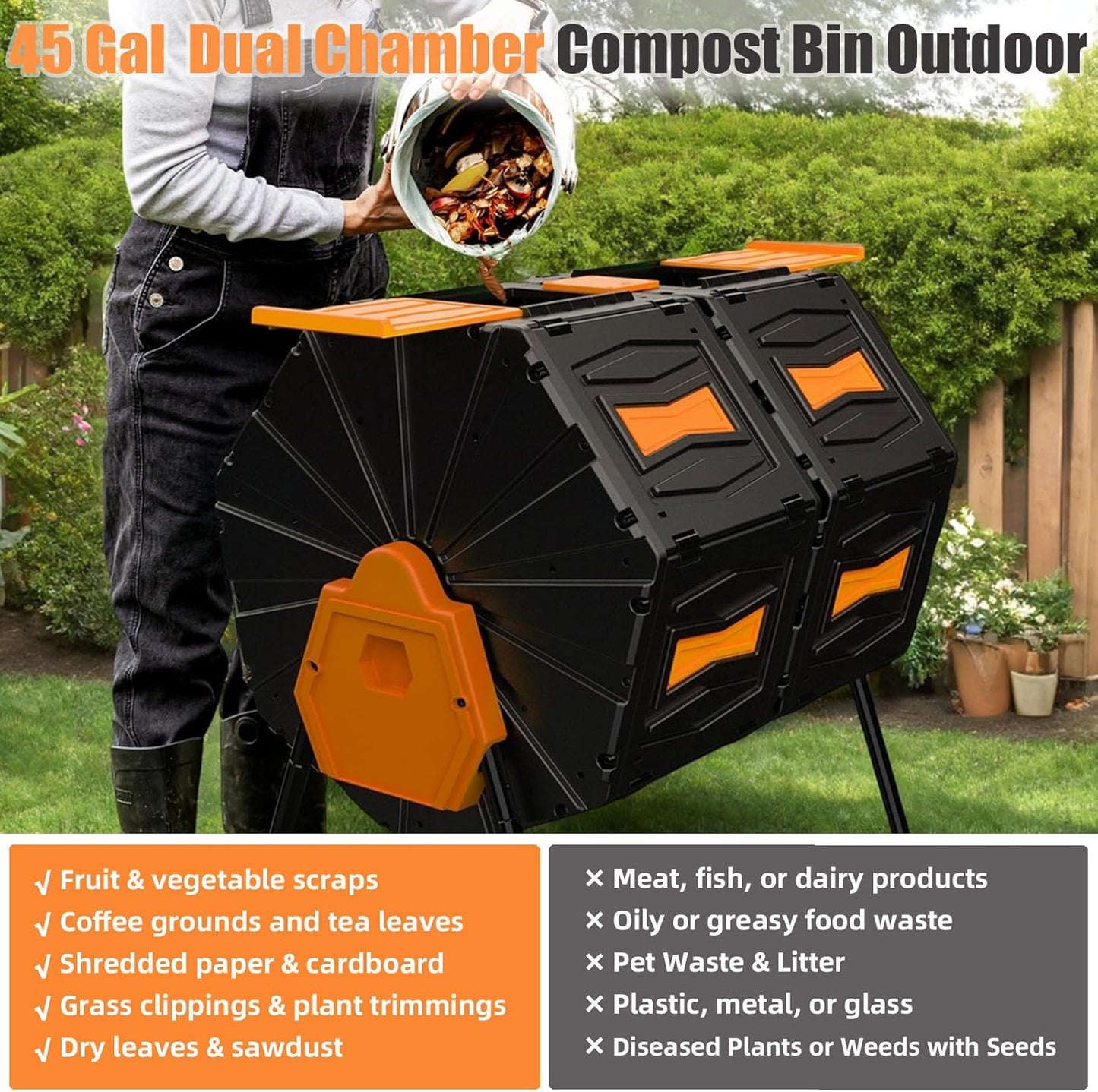 Compost Bin, 45 Gallon Dual Chamber Composter Tumbler, 360 Rotating Compost Bin Outdoor BPA-Free Fast-Working Tumbling Compost Barrel, Large Composting Bin Kitchen Garden Compost Tumbler