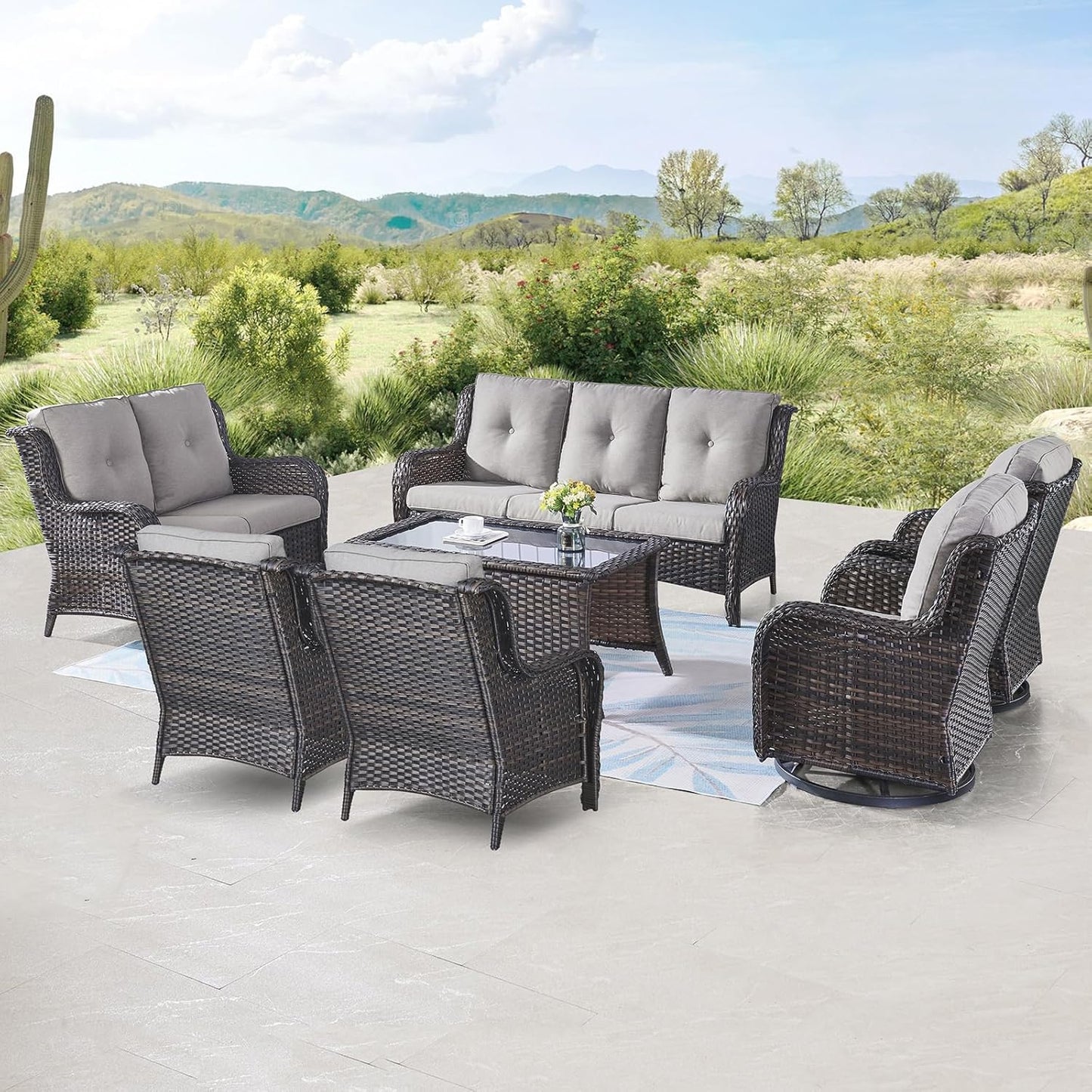 Outdoor Wicker Furniture Patio Set - 7 Piece Backyard Furniture Brown Rattan Conversation Sets with Swivel Rocker Chairs, Rattan Sofa, Club Chairs and Coffee Table, Grey Cushion