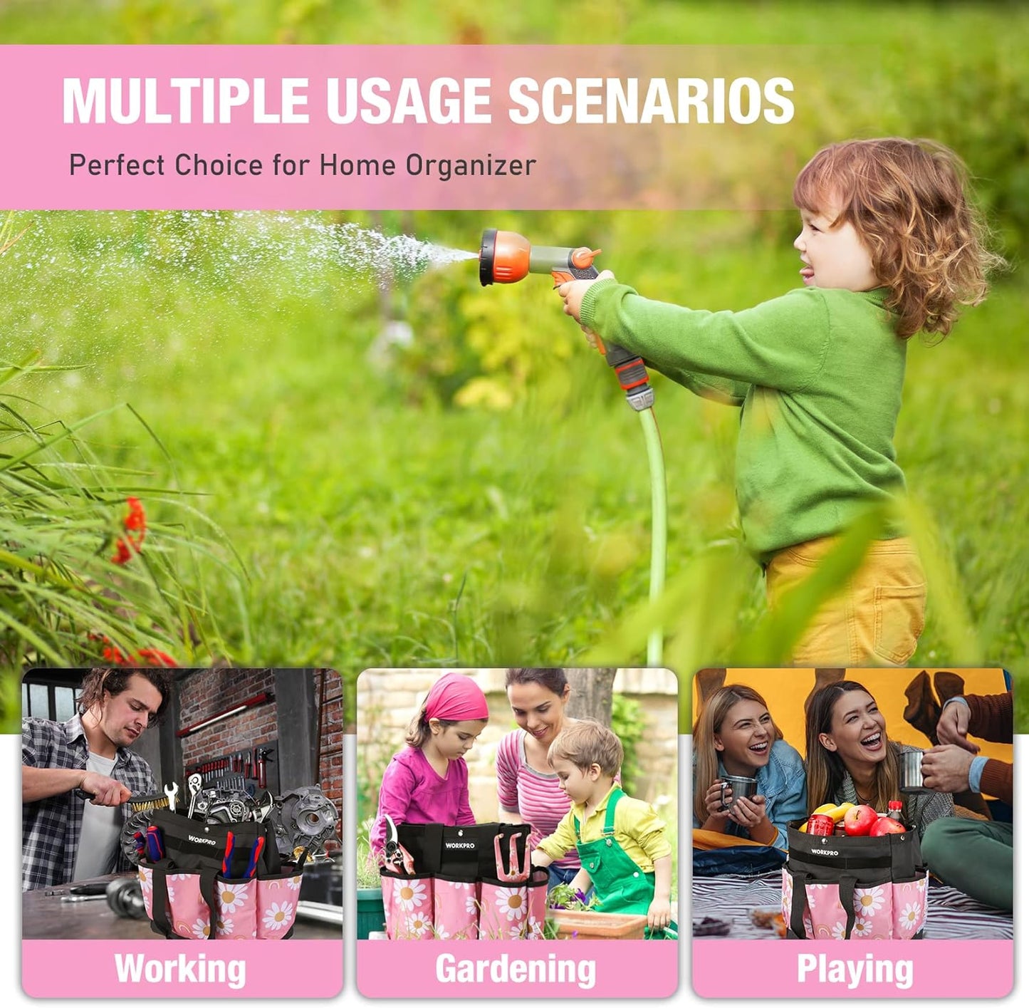 WORKPRO Garden Tool Bag, 9 Pockets Gardening Bag, Heavy Duty Oxford Garden Tote Caddy (Tools NOT Included), 12" x 12" x 6"-Pink Ribbon