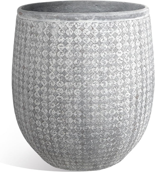 Worth Garden 12" Dia x 15" H Grey Round Planter – Lightweight Magnesium Oxide Cement Plant Pot with Texture – Raised Pattern Concrete Look – Drainage Hole – Indoor & Outdoor Use