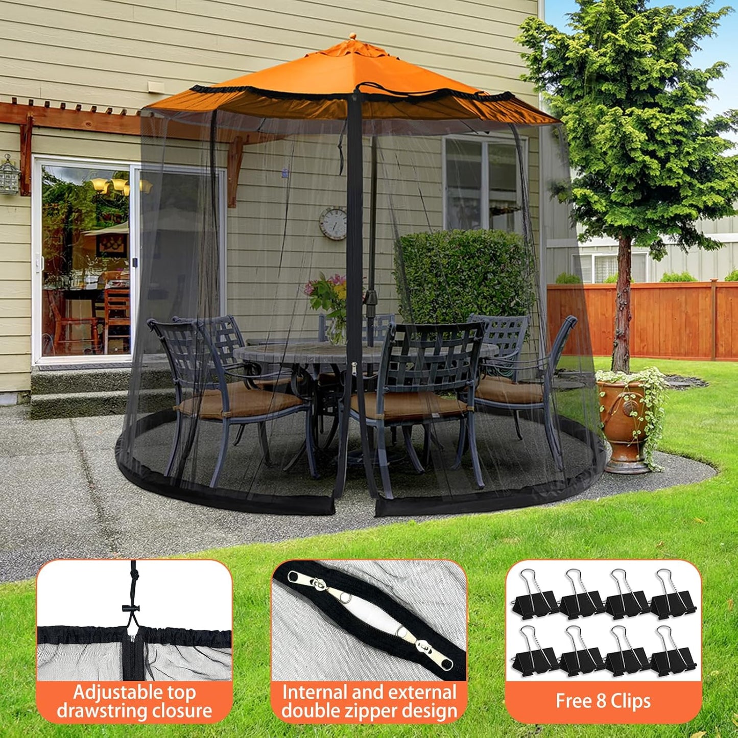 7.5-13FT Mosquito Netting for Patio - Mosquito Net for Patio Garden and Outdoor Umbrellas with Zipper and Adjustable, Umbrella Netting for Outdoor Umbrellas