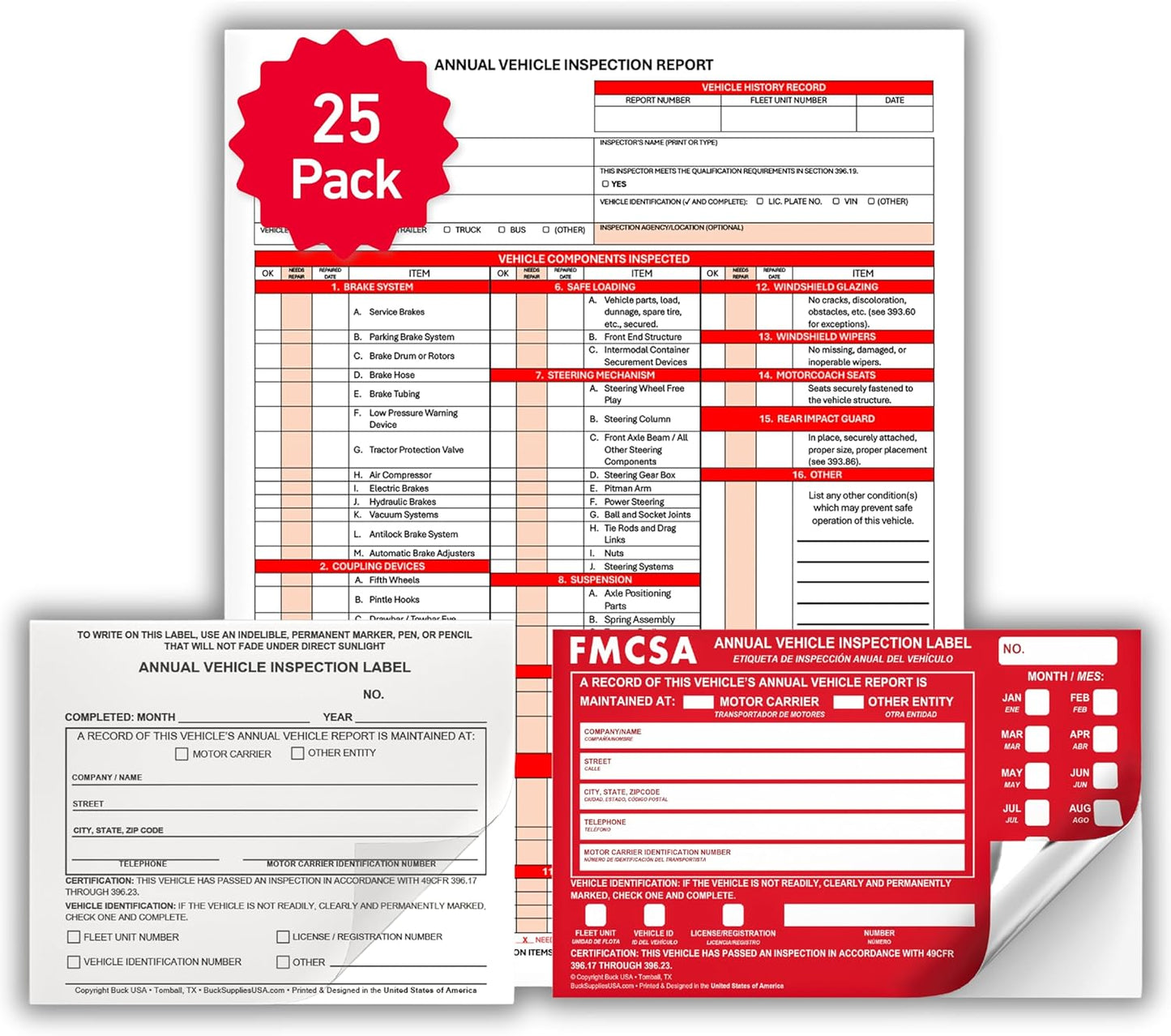 25 Pack 3-Ply Carbonless Annual Vehicle Inspection Report Forms with FMCSA Red Aluminum Labels & White Mylar Laminate Vinyl Labels, DOT Inspection Forms and Stickers, Shrink-Wrapped, 8.5" x 11.75"