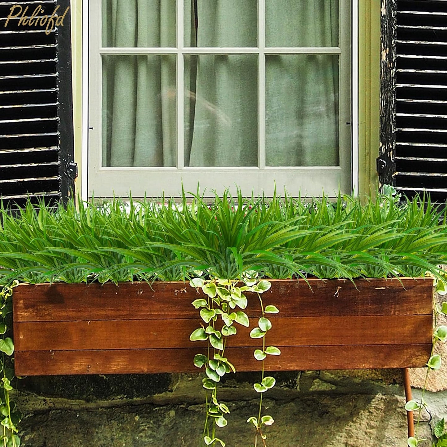 6Pcs Artificial Grass Fake Plants 17.3in 16 Leaves Outdoor Fake Grass UV Resistant Greenery Plastic Plants for Home Window Garden Office Patio Hanging Planter Pathway Front Porch Décor