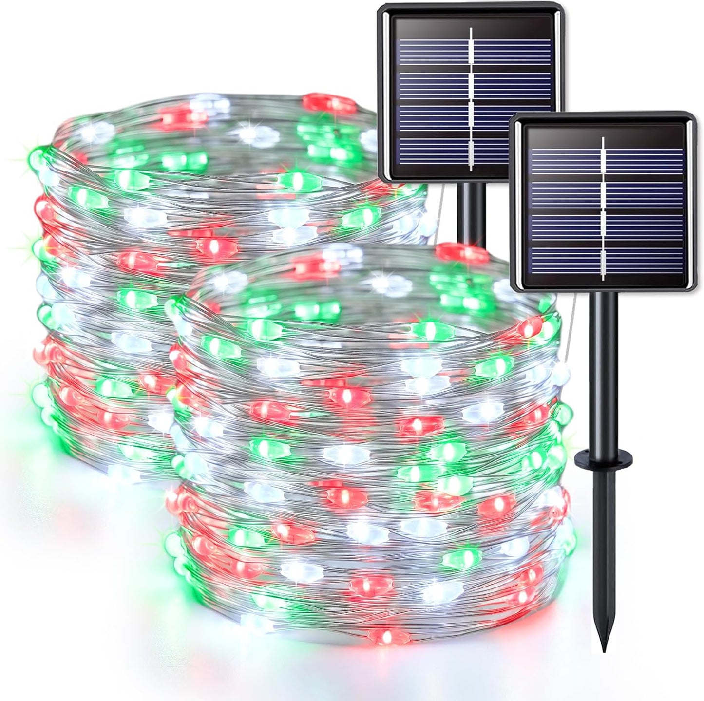 JMEXSUSS 2 Pack Red White and Green Solar Christmas Lights, Each 33FT 100 LED Solar String Lights Outdoor, Waterproof Solar Fairy Lights for Outside Christmas Decorations