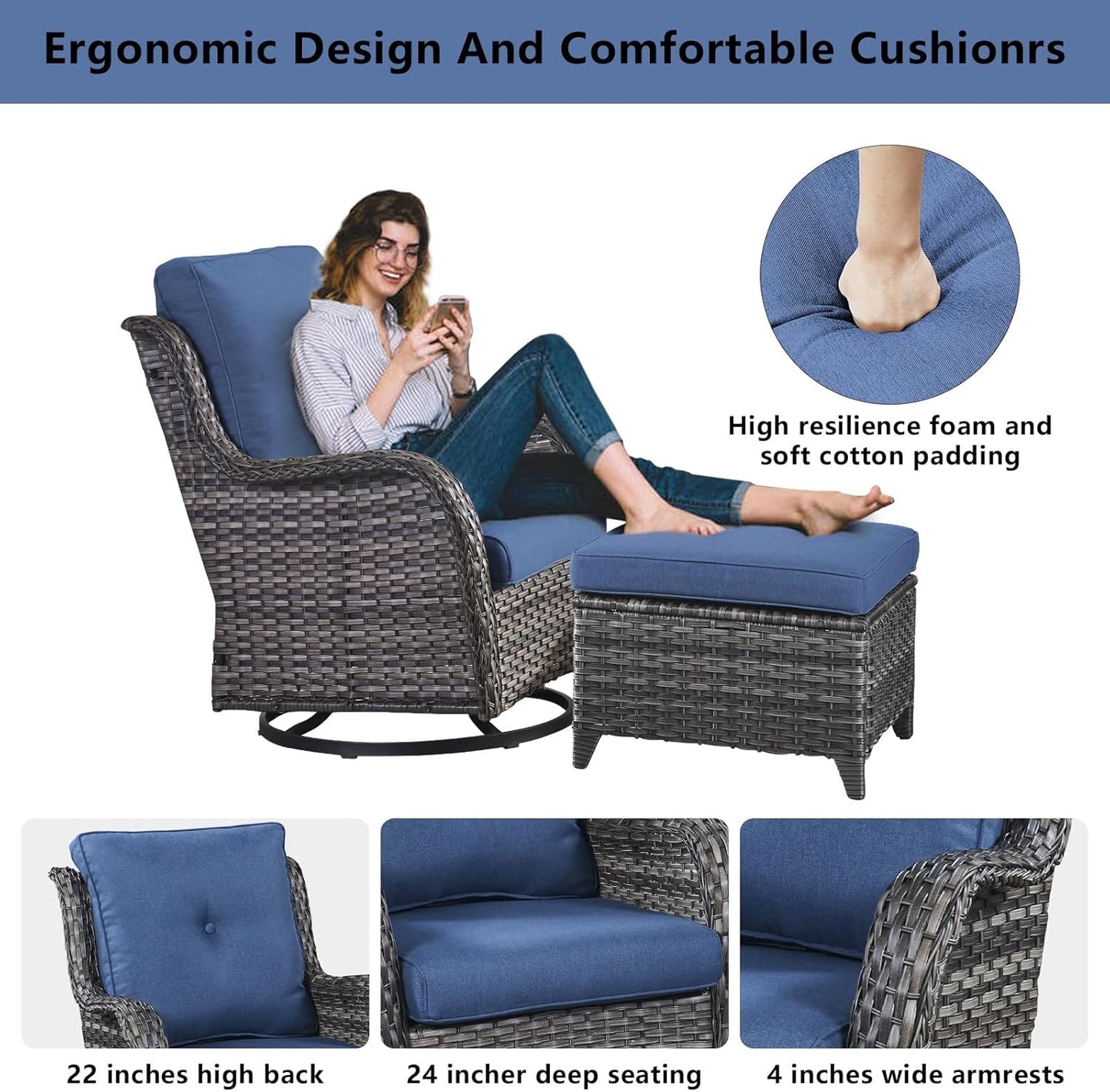 Wicker Outdoor Furniture Patio Furniture Set - 6 Piece Patio Conversation Set with Swivel Rocker Chairs, Rattan Sofa, Ottomans and Coffee Table, Blue Cushion