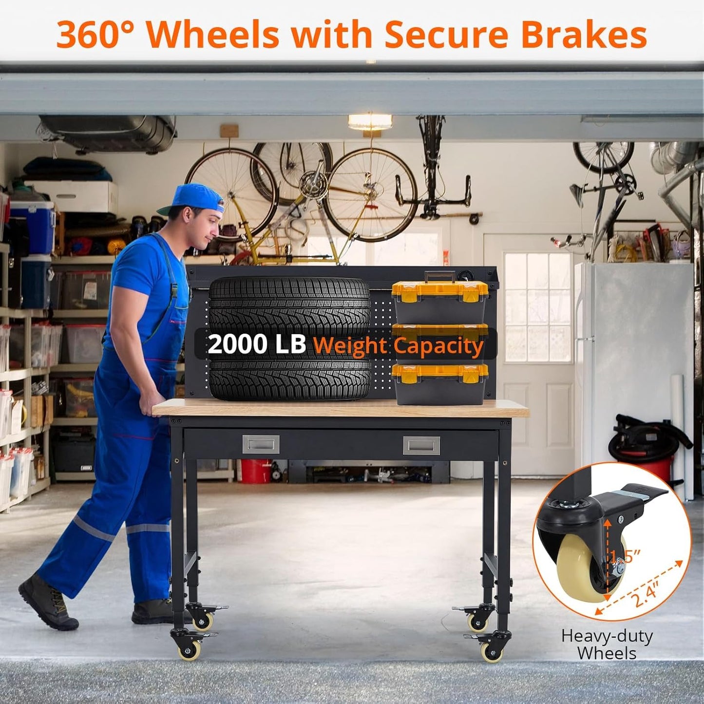 48x24 Inch Heavy-Duty Adjustable Workbench with Rubber Wood Top – 2000LB Capacity Mobile Garage Workstation with Drawer&Backplate, Ideal for Workshop, DIY & Tool Storage