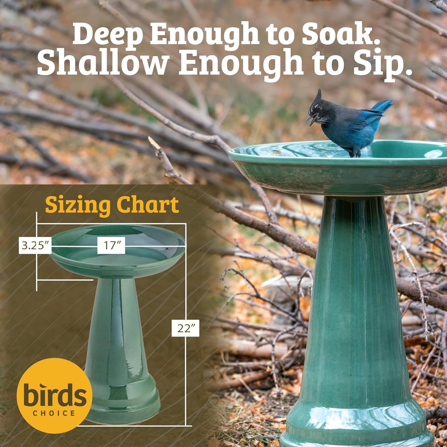 Birds Choice Ohio Stoneware Bird Bath | Pedestal Bird Bath, Stable Locking Top | Weather-Resistant Ceramic Clay, Glazed Finish | Outdoor Garden & Patio Decor | 22" H x 17" D, Midnight Blue