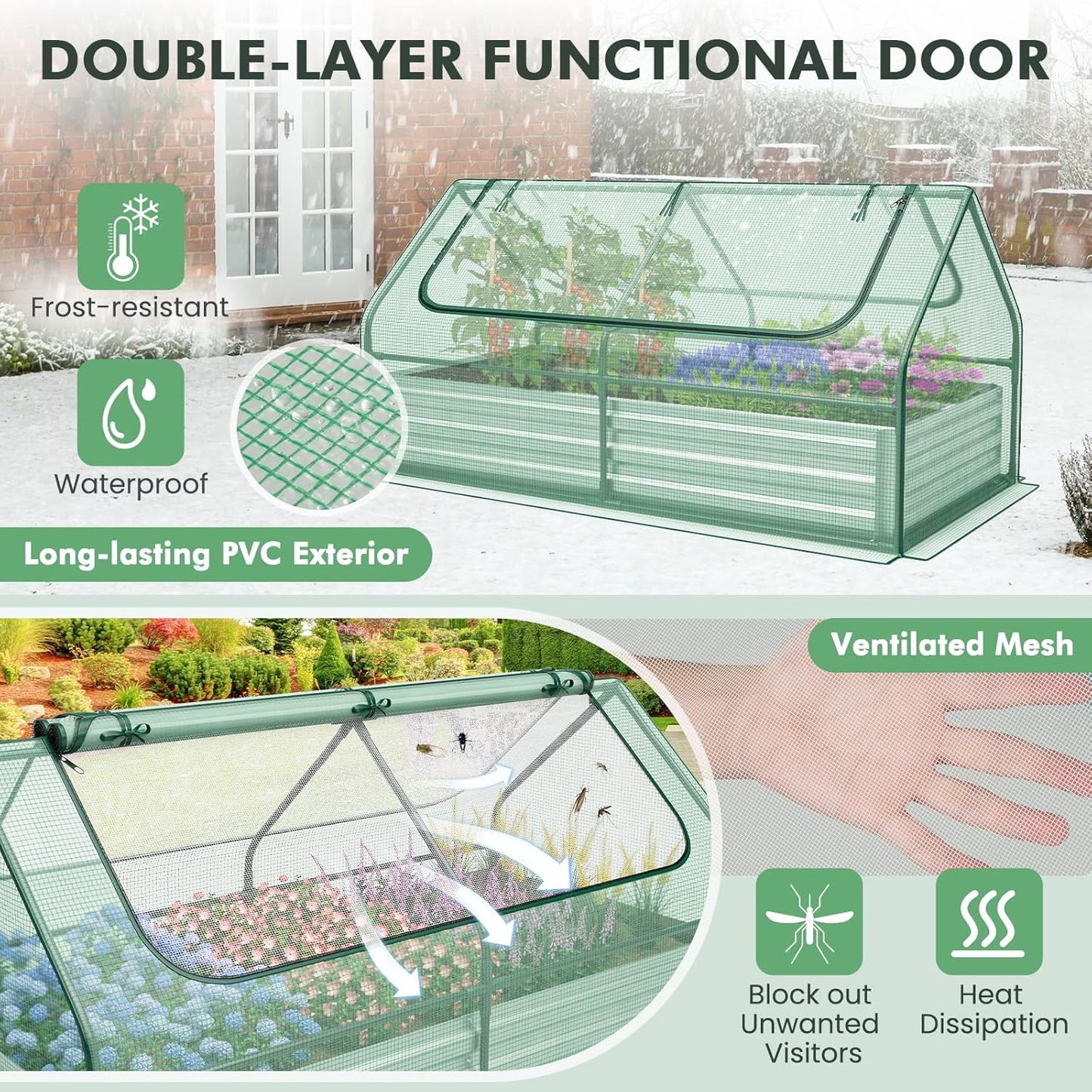 SAFSTAR Raised Garden Bed with Cover, 6FT x 3FT x 3FT Galvanized Bottomless Garden Bed with Greenhouse, Dual 2-Tier Roll-Up Windows, Outdoor Metal Planter Box Kit with Cover (Green)