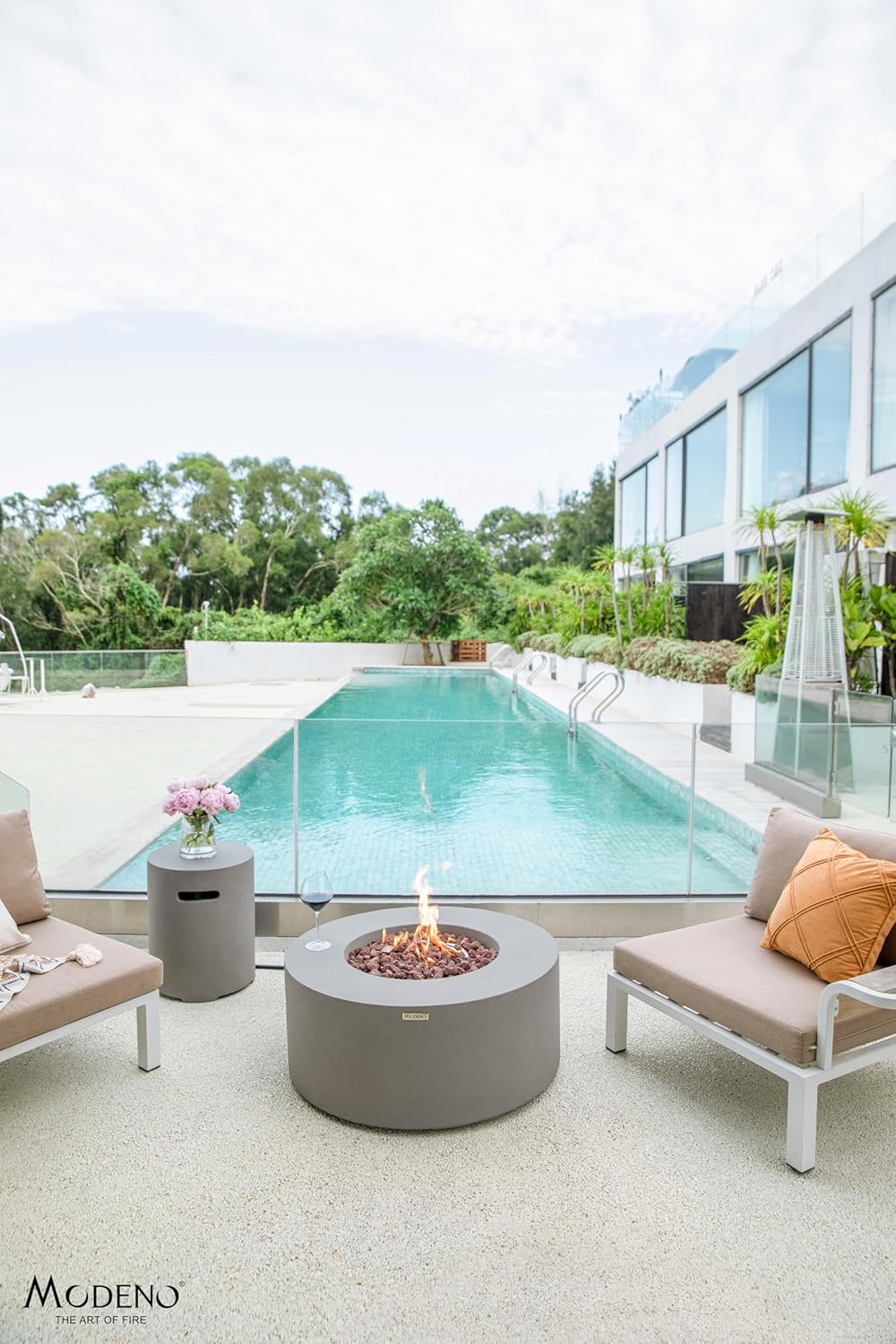 AMS Fireplace | Modeno Tramore Package | Light Gray Liquid Propane Gas Fire Pit Table for Outside Patio Bundle with Tank Cover, Wind Guard, and SS Burner Lid | Free Ice Bucket & Rubber Mat