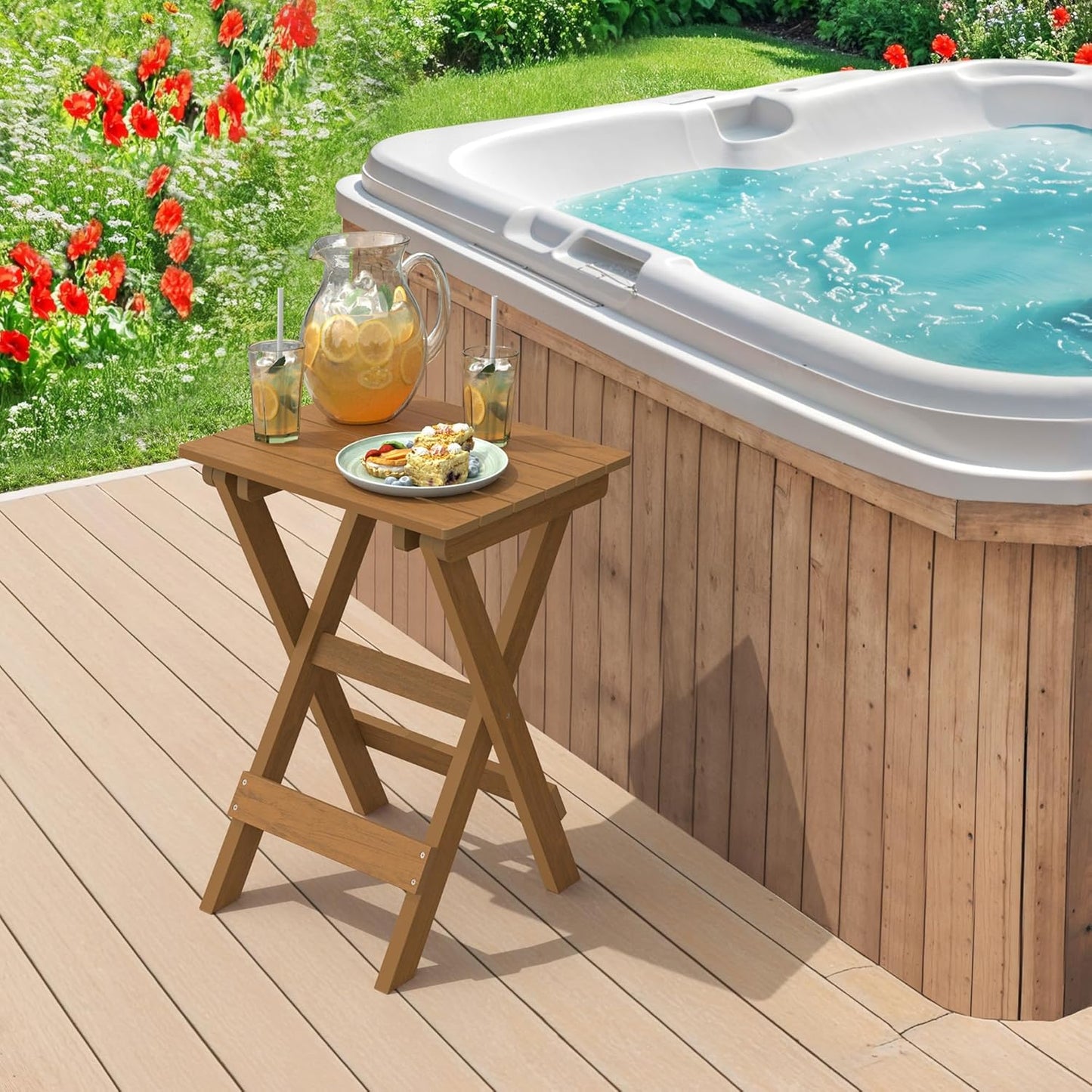 LUE BONA 27 inch Folding Side Table, HDPS Outside End Table for Patio, Porch, Deck, Pool, Weather Resistant, Teak Color Oil Printed