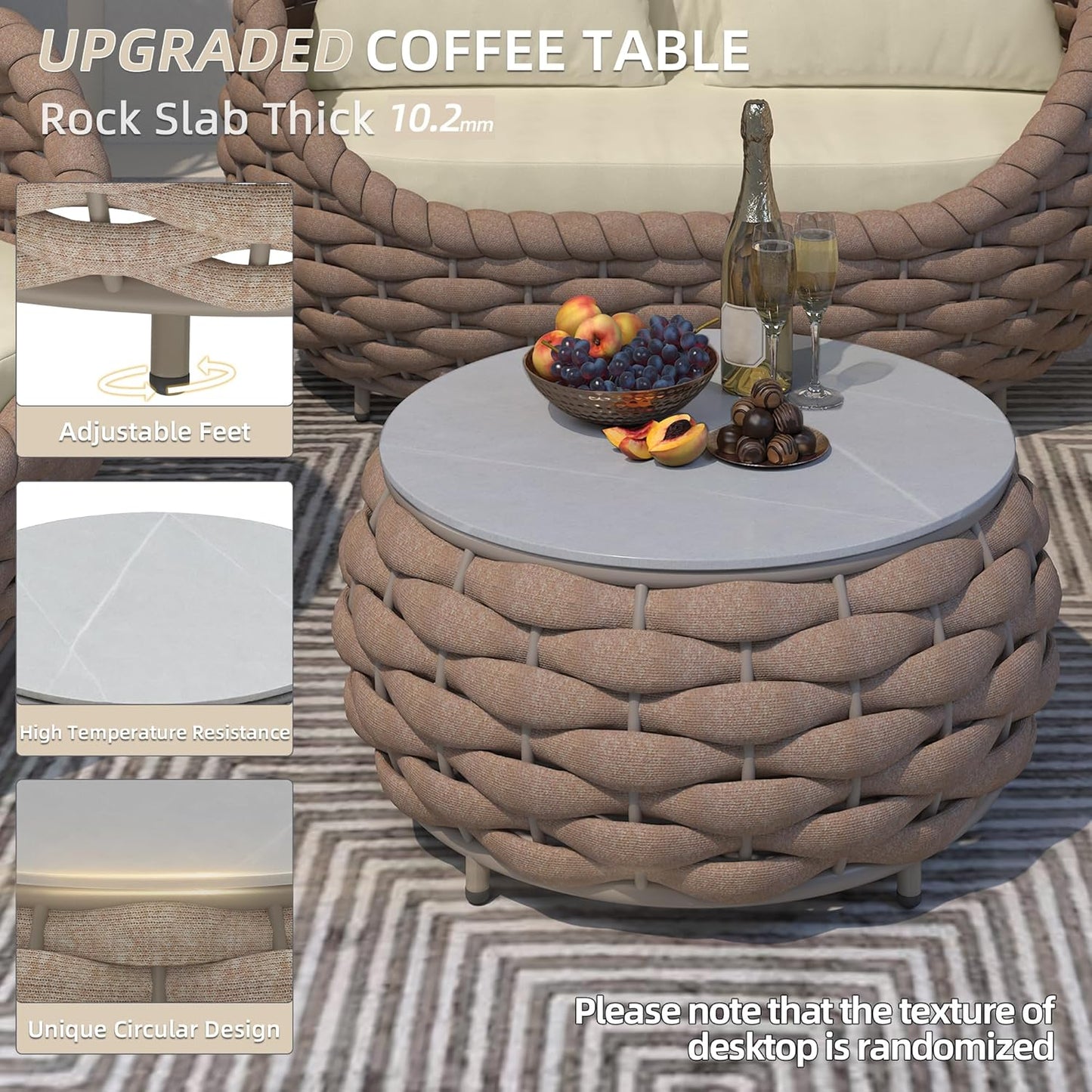 TWT Patio Furniture Sofa Set 4 Pieces Aluminum Outdoor Furniture w/25.6in Coffee Table,Patio Conversation Set with Hand Woven Textilene Rope for Backyard Garden Poolside (Khaki)