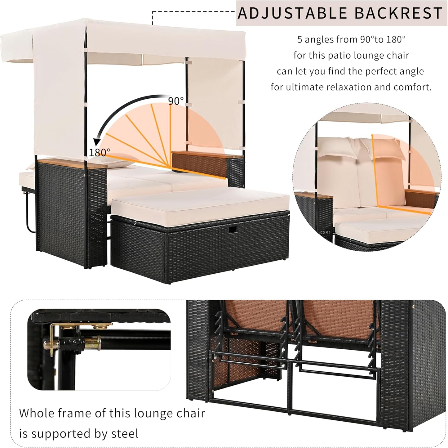 Merax 2-Piece Outdoor Rattan Daybed, Wooden Handrail Table Patio Loveseat Sofa Bed with Bench Lounge Roof Set and Cushions for Poolside, Backyard and Garden, Beige