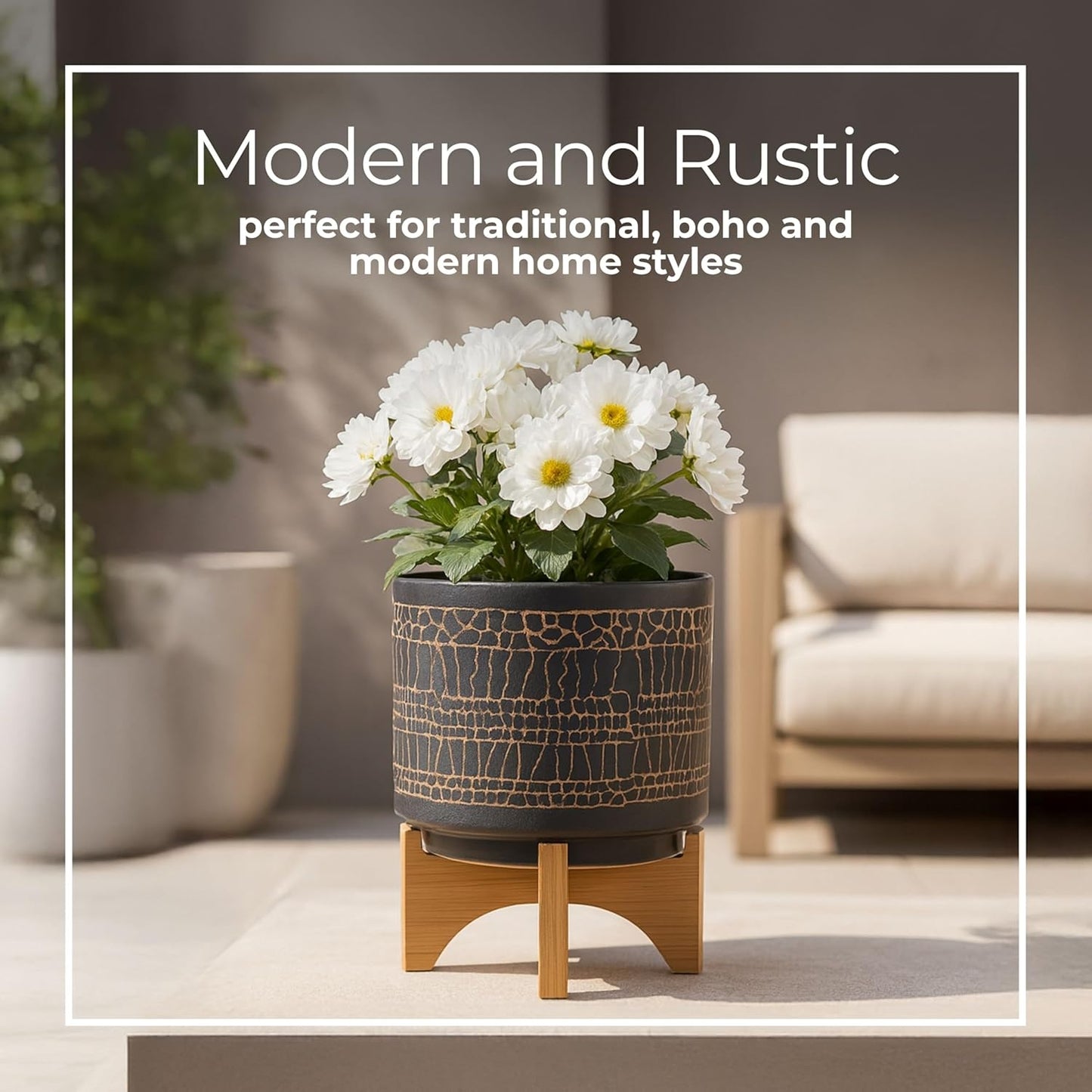 Glazed Decorative Planter Pot with Wood Stand – Ceramic Stoneware Outdoor & Indoor Plant Pot with Cracked Pattern – Modern Garden & Home Decor Planters – 9", Black
