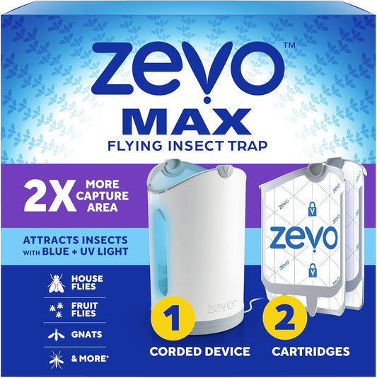 Zevo MAX Bug Catcher & Fly Trap for Indoors - Flying Insect Trap for Gnats, House & Fruit Flies - Use in Any Room - No-Mess Disposal (1 Plug in Base & 2 Cartridges)