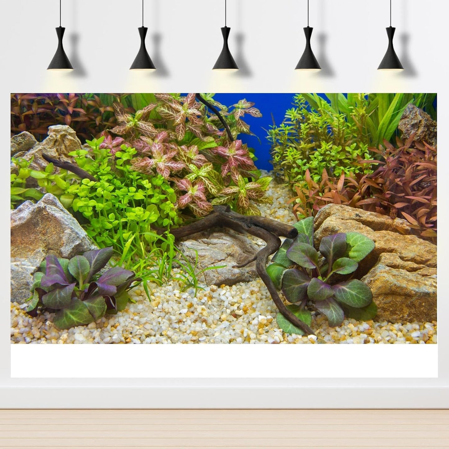 Aquarium Background Various Underwater Grass Plants Pebble Aquarium Backdrop Vivid and Fresh Green Aquatic Plants Stone River Bed and Dead Wood Purple Leaves Tank Background Vinyl 72x24in