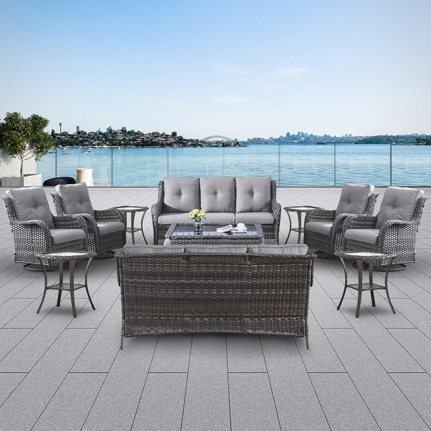 Wicker Patio Furniture Sets - 13 Piece Outdoor Rattan Furniture Conversation Sets with 4 Swivel Rocker Chairs, 2 Rattan Sofas, Wicker Ottomans and Coffee Table, Mixed Grey/Grey