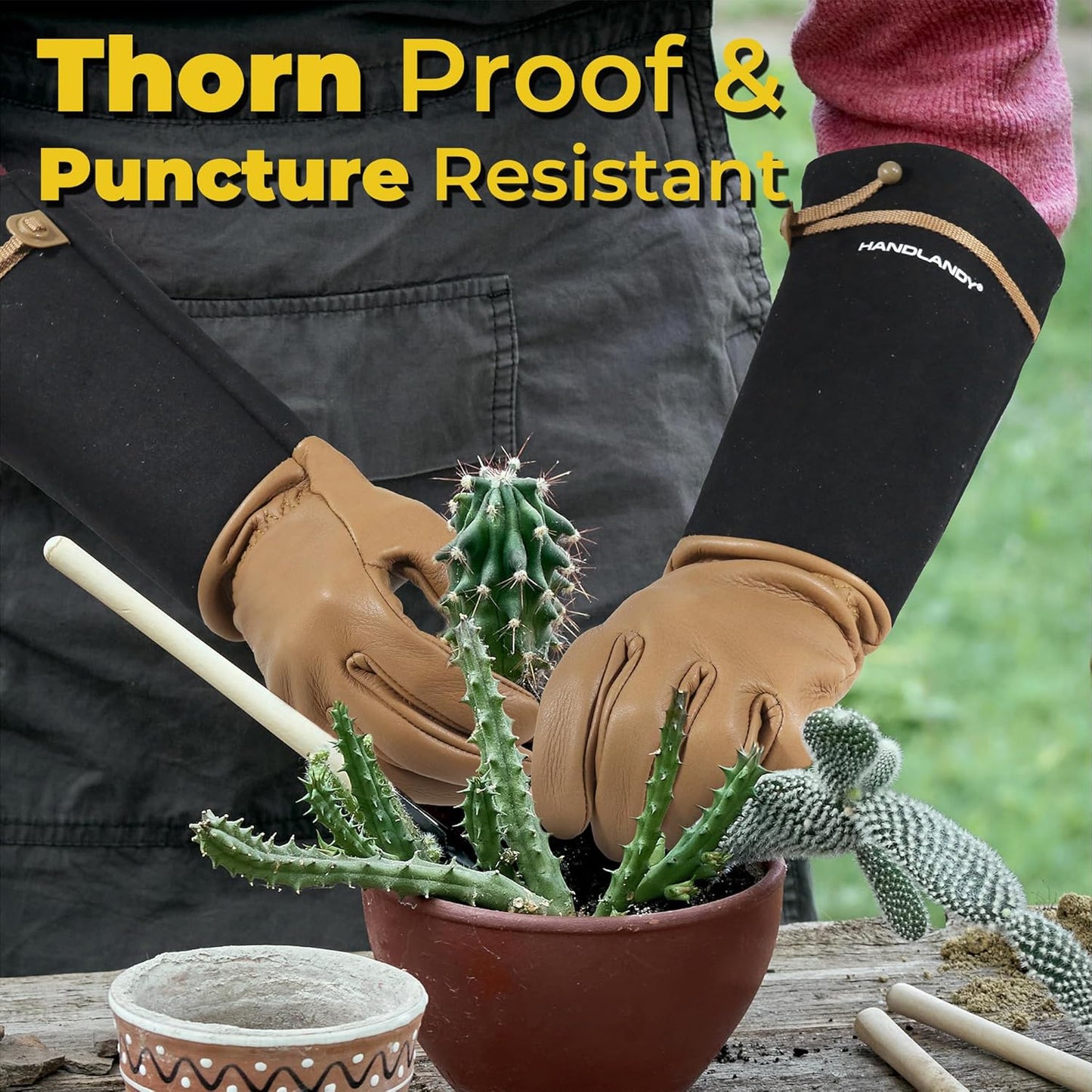 HANDLANDY Long Gardening Gloves for Men & Women, Cowhide Leather Rose Pruning Gloves, Breathable Thorn Proof Gauntlet Glove (Brown-Cowhide, M)