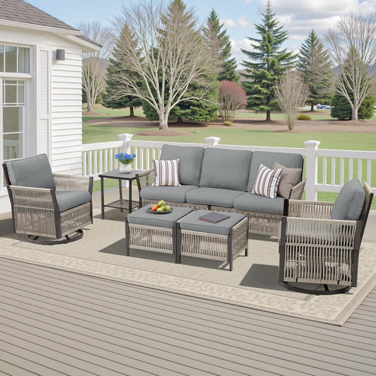 Patio Furniture Wicker Outdoor Conversation Set, 6-Piece All Weather Patio Furniture Rattan Sofa Sets w/Swivel Rocking Chairs & Ottomans, Side Table for Backyard, Balcony, Deck, Dark Grey