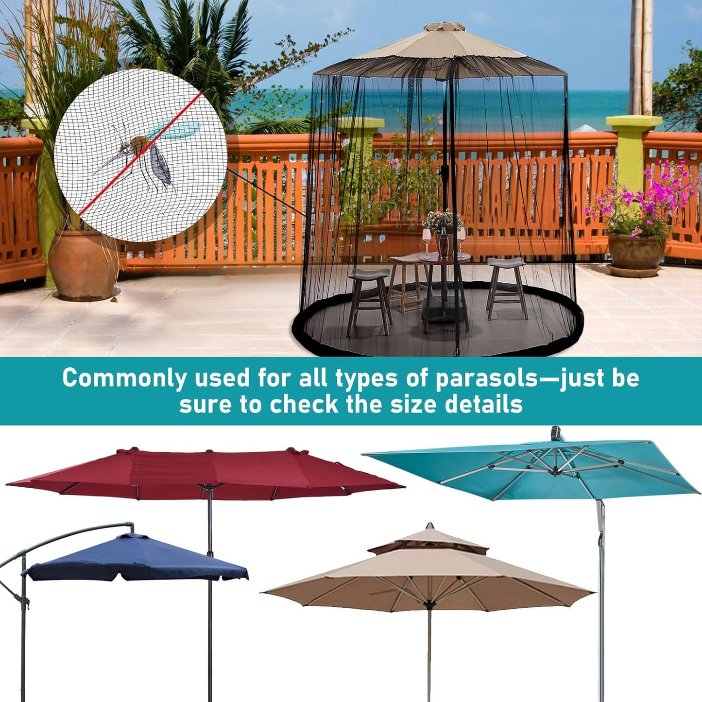 ShowyLive 10x10 Patio Umbrella Mosquito Netting with Zipper 4 Doors & 8 Weight Bag - Adjustable Polyester Mesh Bug Screen for Outdoor Umbrellas, Garden, Patio Tables (Green)