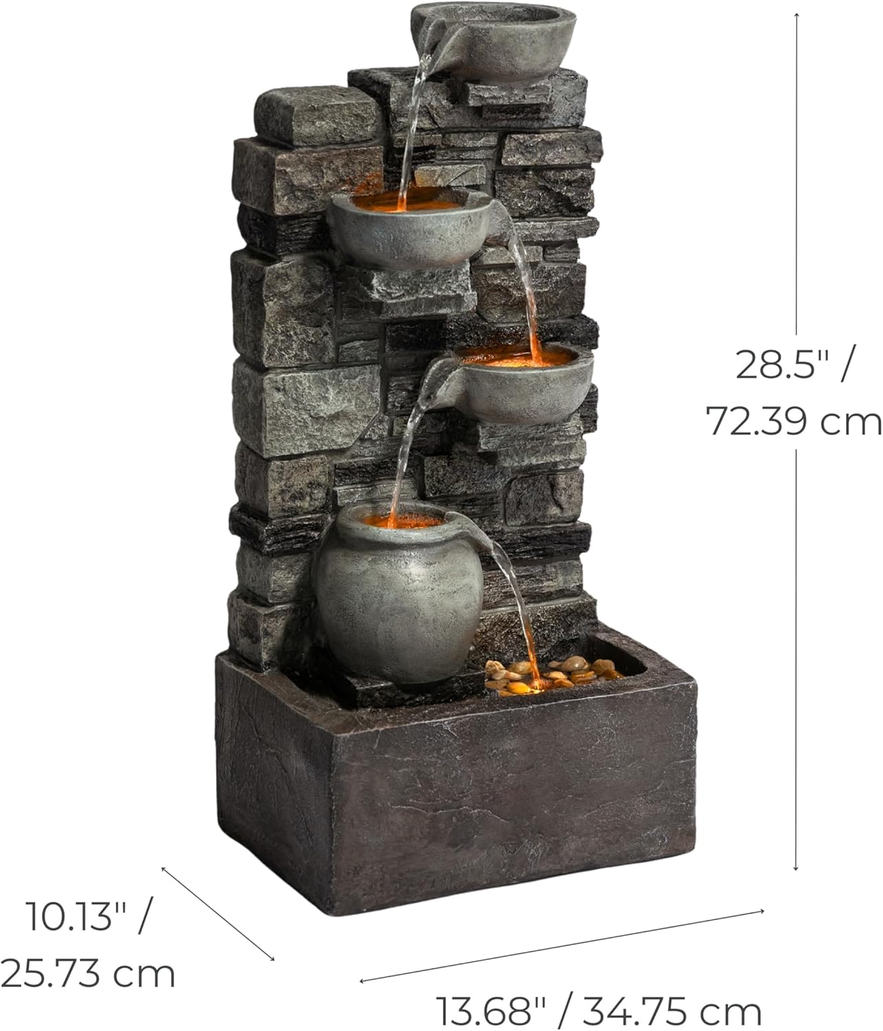 Teamson Home 28.5" Outdoor 4-Tier Stacked Stone Cascading Water Fountain with LED Lights, Gray