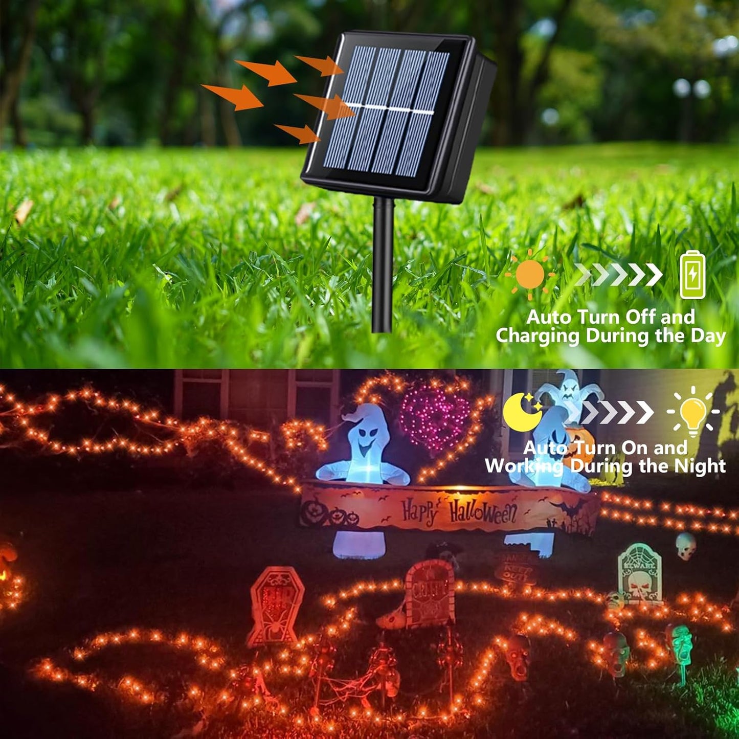 QITONG Orange Solar Halloween Lights Outdoor Waterproof, 2 Pack Each 66ft 200 LED String Lights, Silver Wire Orange Lights for Halloween with 8 Modes