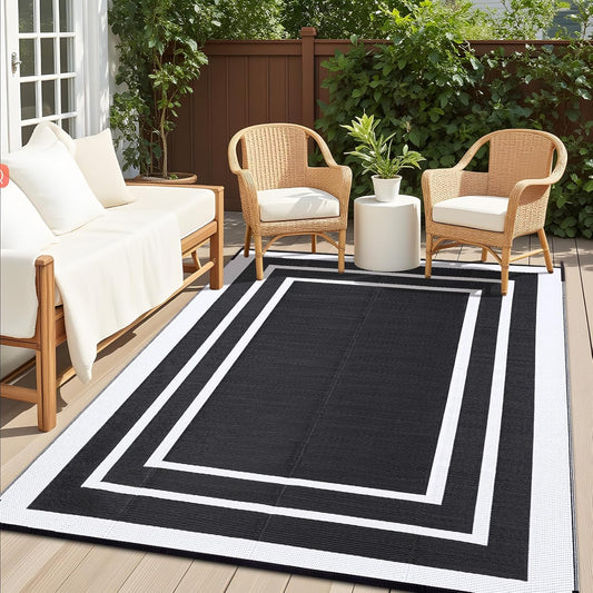 OLANLY Outdoor Rug 9x12 ft Waterproof, Reversible Outdoor Plastic Straw Rug, RV Mat, Indoor Outdoor Carpet Clearance for Patio, Camping, Balcony, Deck, Backyard, Black & White