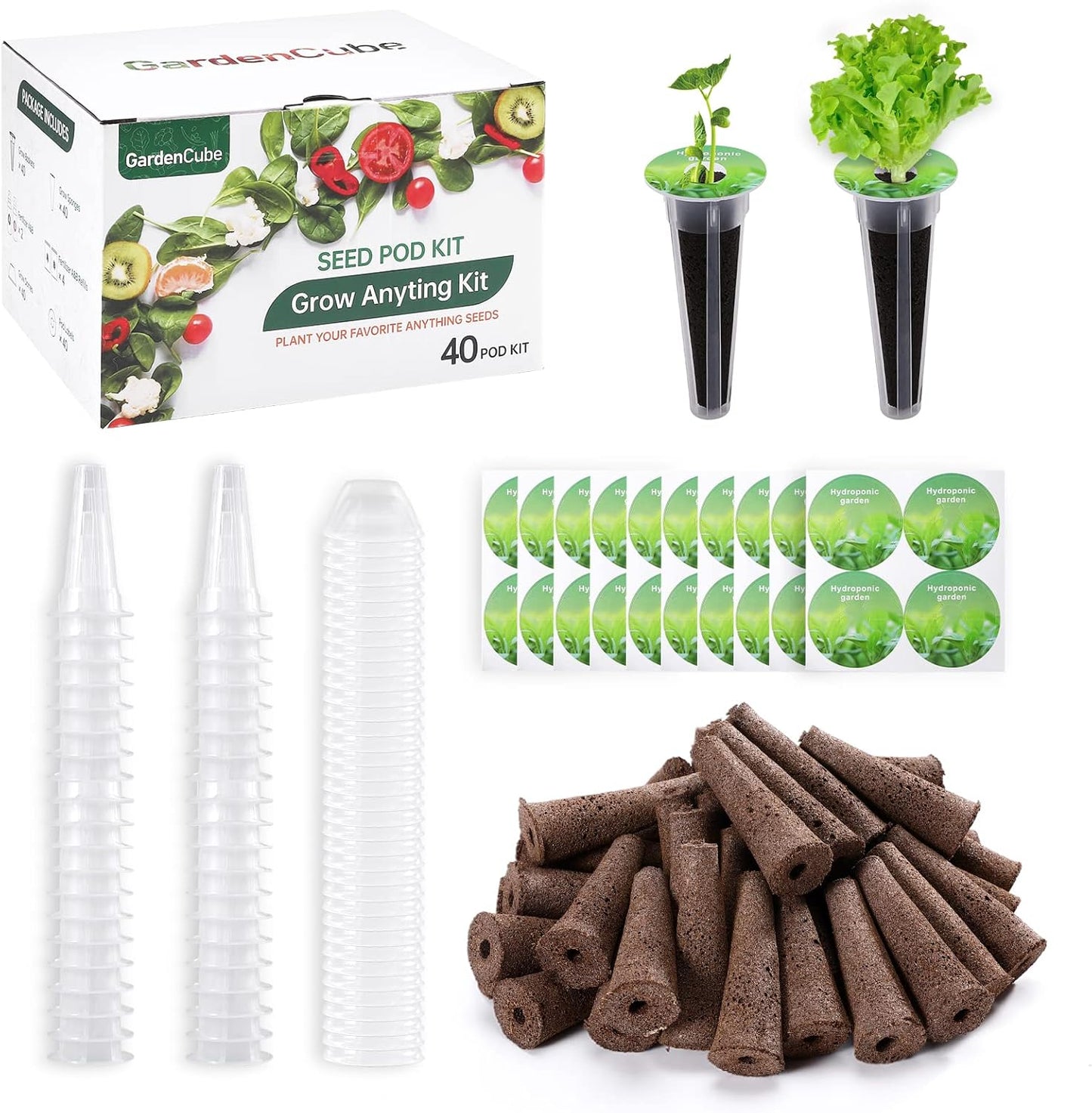 160pcs Hydroponic Pods Kit: GardenCube Grow Anything Kit with 40 Grow Sponges, 40 Grow Baskets, 40 Grow Domes, 40 Pod Labels - Compatible with Hydroponics Supplies from All Brands