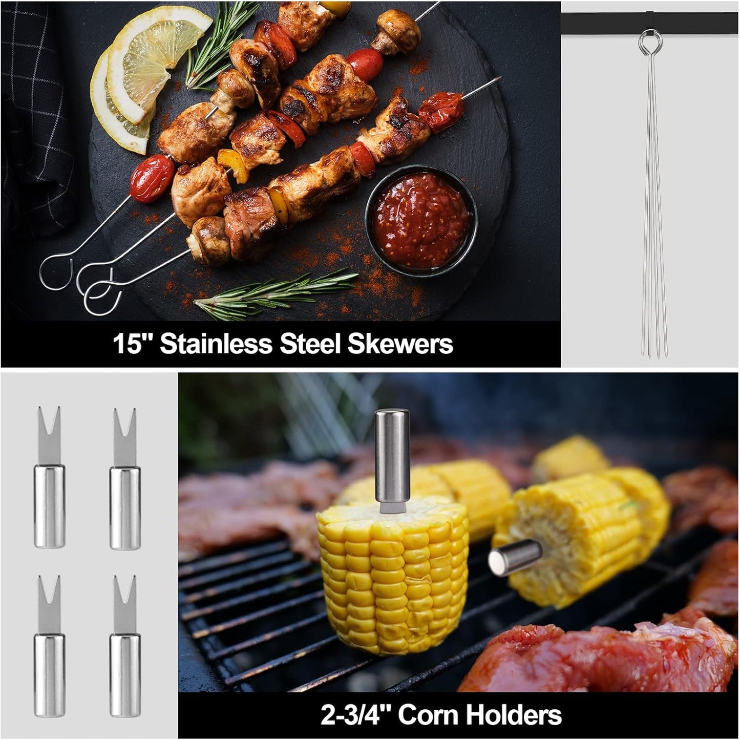 HAUSHOF Large Grilling Accessories, BBQ Grill Set, Heavy Duty Stainless Steel Barbecue Utensils with 16-1/2" Spatula, Brush, Fork, Tongs, Skewers, Thermometer, Bag, Ideal Gift, 15PCS