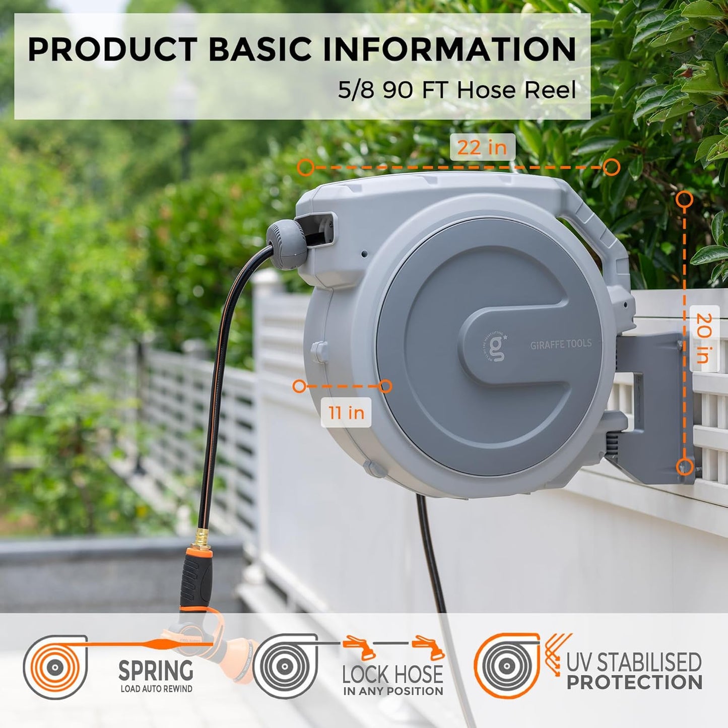 Giraffe Tools Retractable Garden Hose Reel, 5/8 in x 90 ft Heavy Duty Hose Reel With 9 Pattern Nozzle, Any Length Lock, Wall Mount Water Hose Reel, 180°Swivel, Light Grey