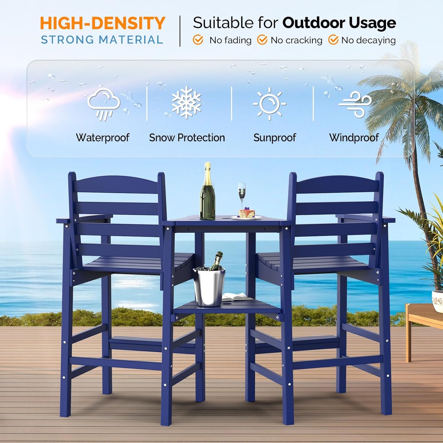 VINGLI Tall Adirondack Chairs Set of 2 with Removable Double Connecting Trays, HDPE Weather Resistance Outdoor Bar Stools Poly Deck Chairs for Patio Pool, 350LBS Capacity (Navy Blue)