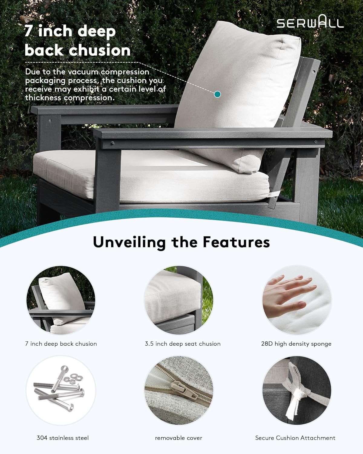 SERWALL HDPE Patio Furniture Set, 7-Piece Outdoor Sectional Sofa Set, All Weather Outdoor Couch Set for Deck, Lawn, Grey Frame with Khaki Cushion