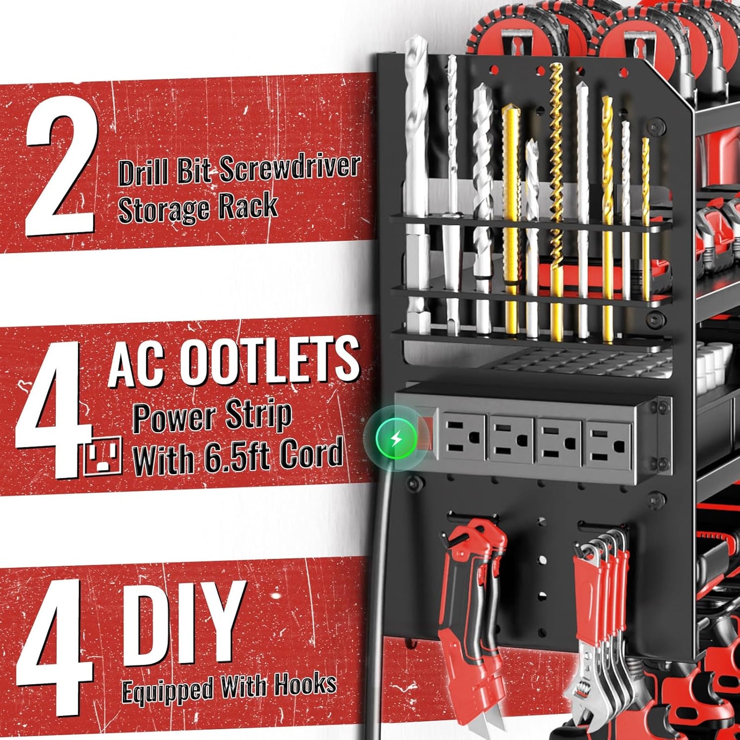 Large Power Tool Organizer Wall Mount with Charging Station, 4 Layer Heavy Duty Metal Cordless Tool Organizer, Tool Storage Rack with 8 Cordless Drill Holder Screwdriver Hammer(Black)