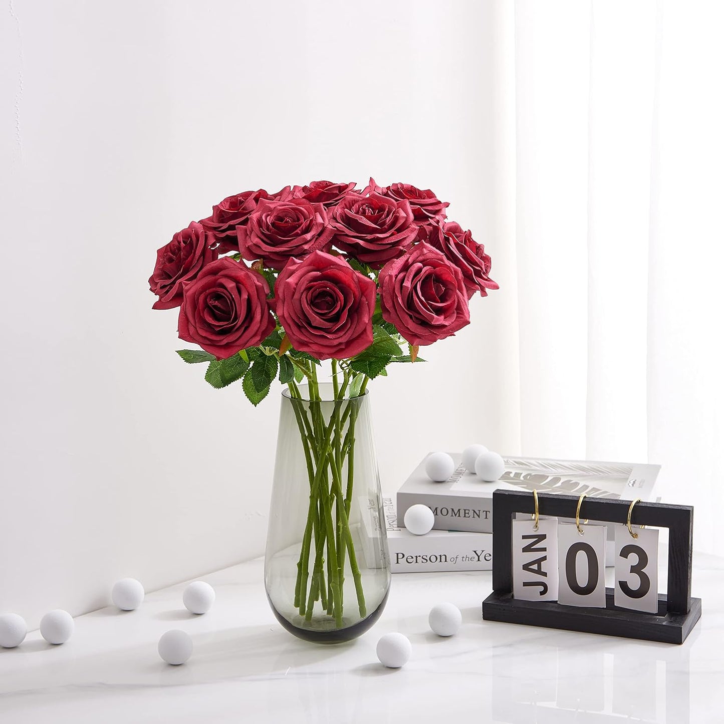 Artificial Rose 10pcs Open Flower Bouquet Faux Rose Stems for Wedding Arrangement, Bridal Bouquet, Centerpiece, Fake Faux Silk Flowers (Wine Red)