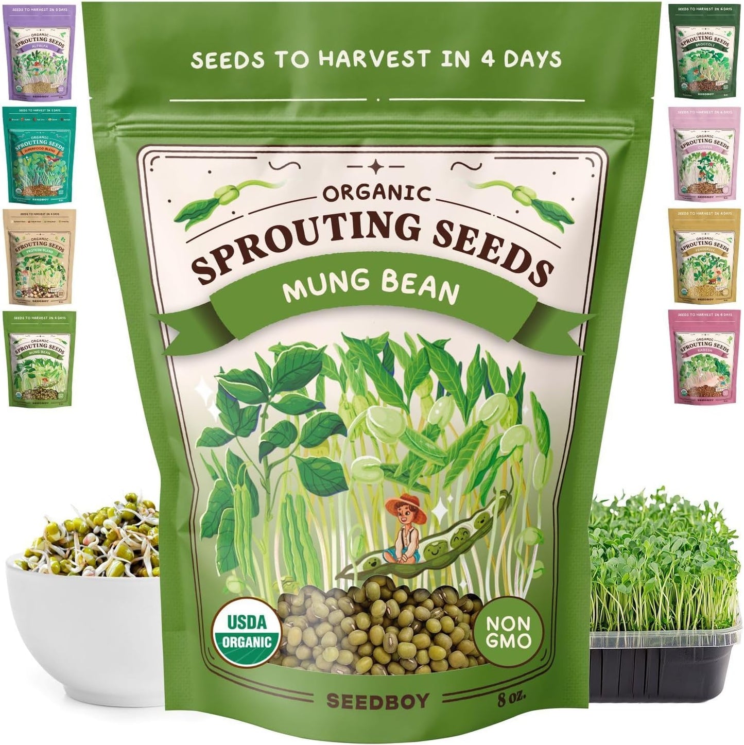 Seedboy Organic Mung Bean Seeds for Sprouting - Non-GMO, USDA Organic Sprouting Seeds Mix - Makes 5 Quarts of Sprouts, 15 Servings (8 oz) (Mung Bean)