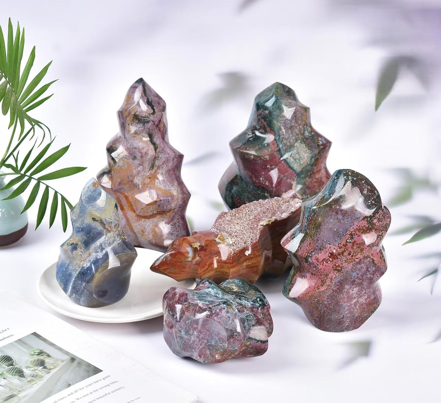 AMOYSTONE Ocean Jasper Flame Shaped Stone Towers Obelisk Natural Healing Crystal Quartz Reiki Energy Decoration Home Office Decor 2.2-2.8LBS