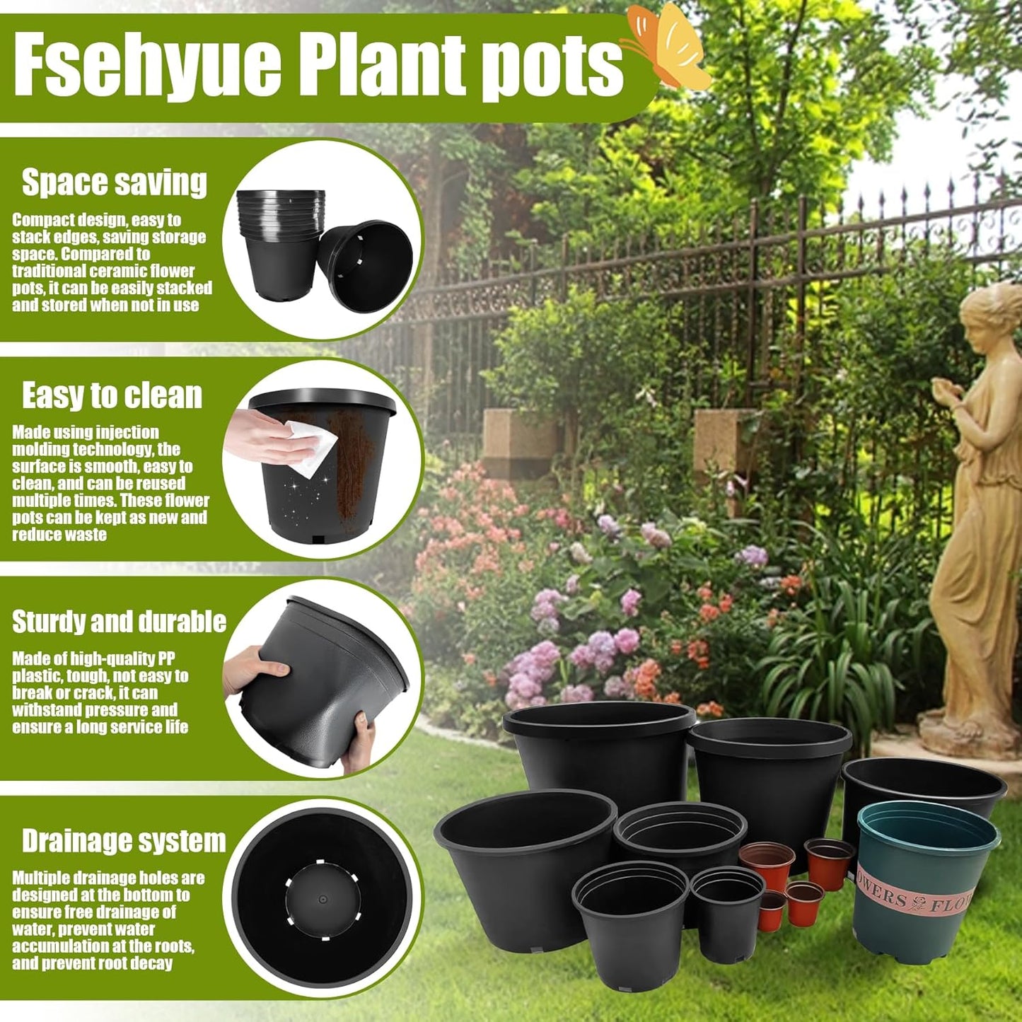 15 Gallon Nursery Pots Plastic Container Injection Molded Pot for Plants Flexible with Drainage Holes Suitable for Plants Soil Growers or Hydroponics Black 10 Pcs