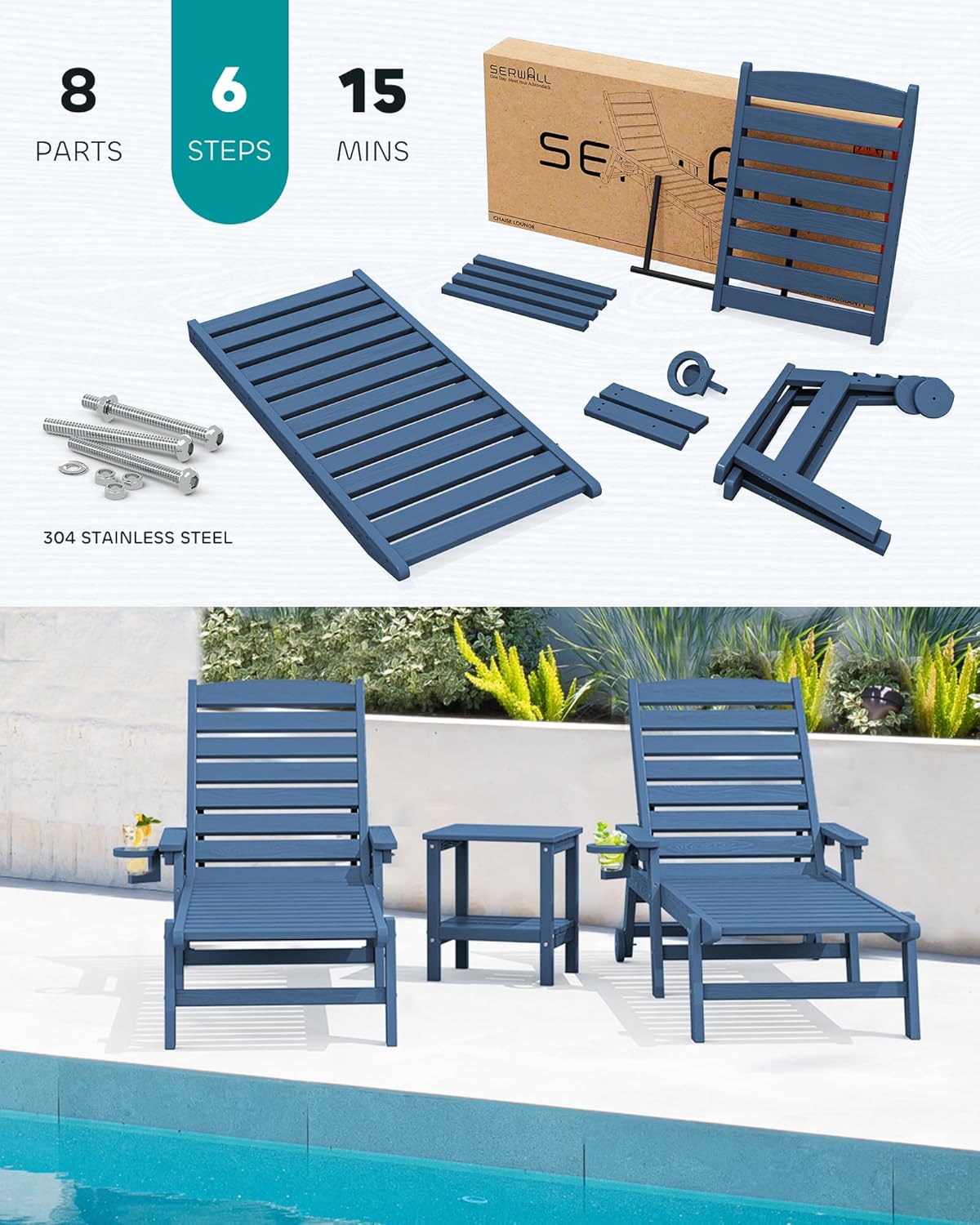 SERWALL Patio Chaise Lounge Chair, 78'' Long HDPE 5 Positions Adjustable Outdoor Lounger, Poly Lounge Chair with Rolling Wheels & Cup Holder for Pool, Navy Blue