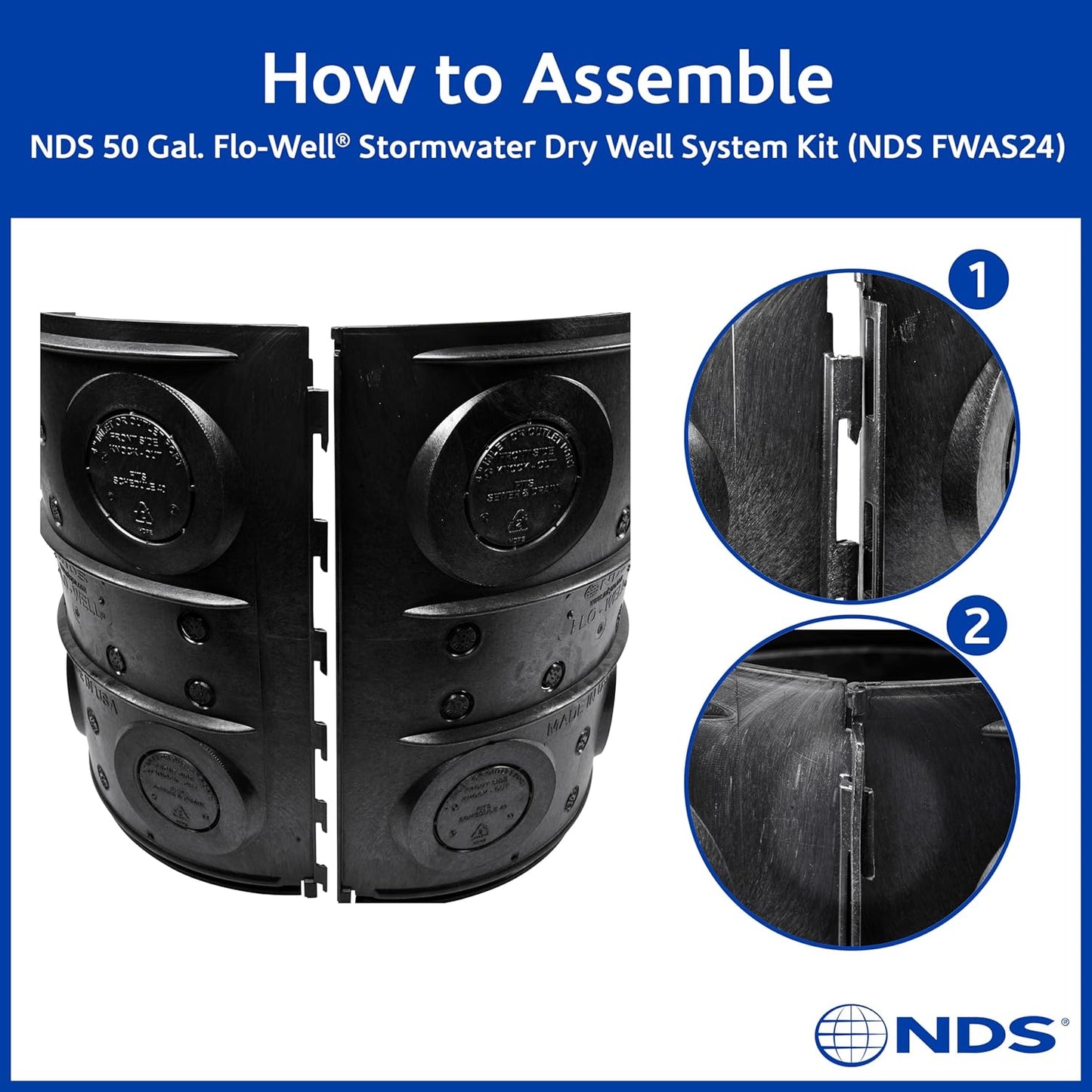 NDS FWAS24 50 Gal. Flo Stormwater Dry Well System Kit with 3 Side Panels & 1 Cover, Ideal for Rainwater Collection, Black