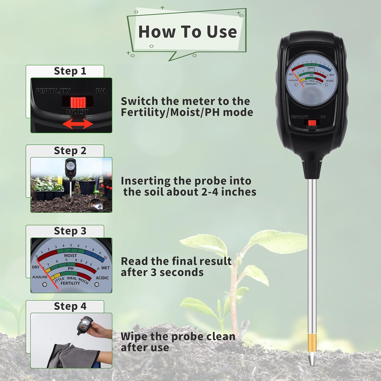 3-in-1 Soil Test Kit, Soil Moisture Meter/Soil pH Meter/Soil Fertility Tester, Soil Moisture Meter for Garden, Farm, Indoor, Outdoor and Lawn Care (Bright Black)