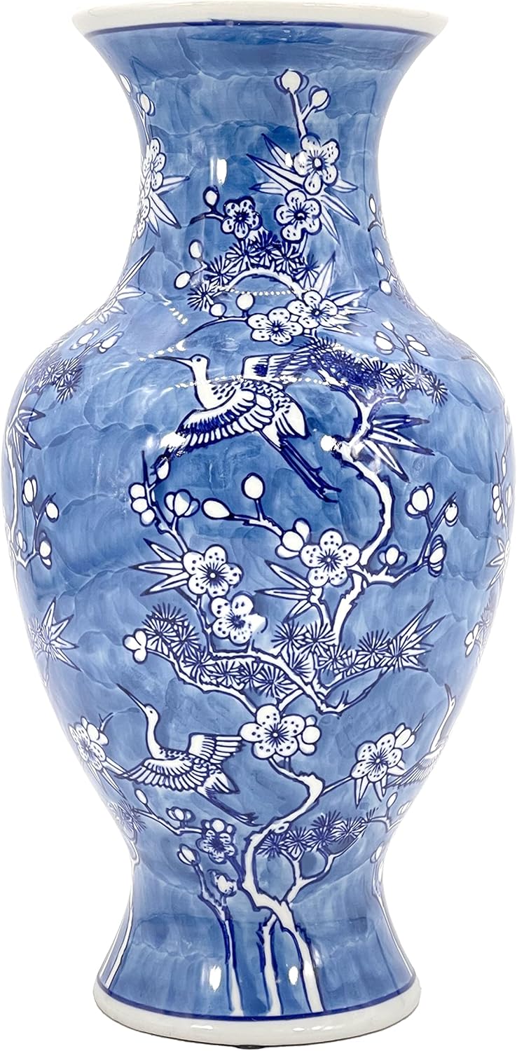 Galt International White & Blue Floral Crane Chinoiserie Ceramic Vase 14" - Hand Painted Antique Style Porcelain Bird & Flower Bottle Fishtail Porcelain Chinese Vase for Home Decor Centerpiece