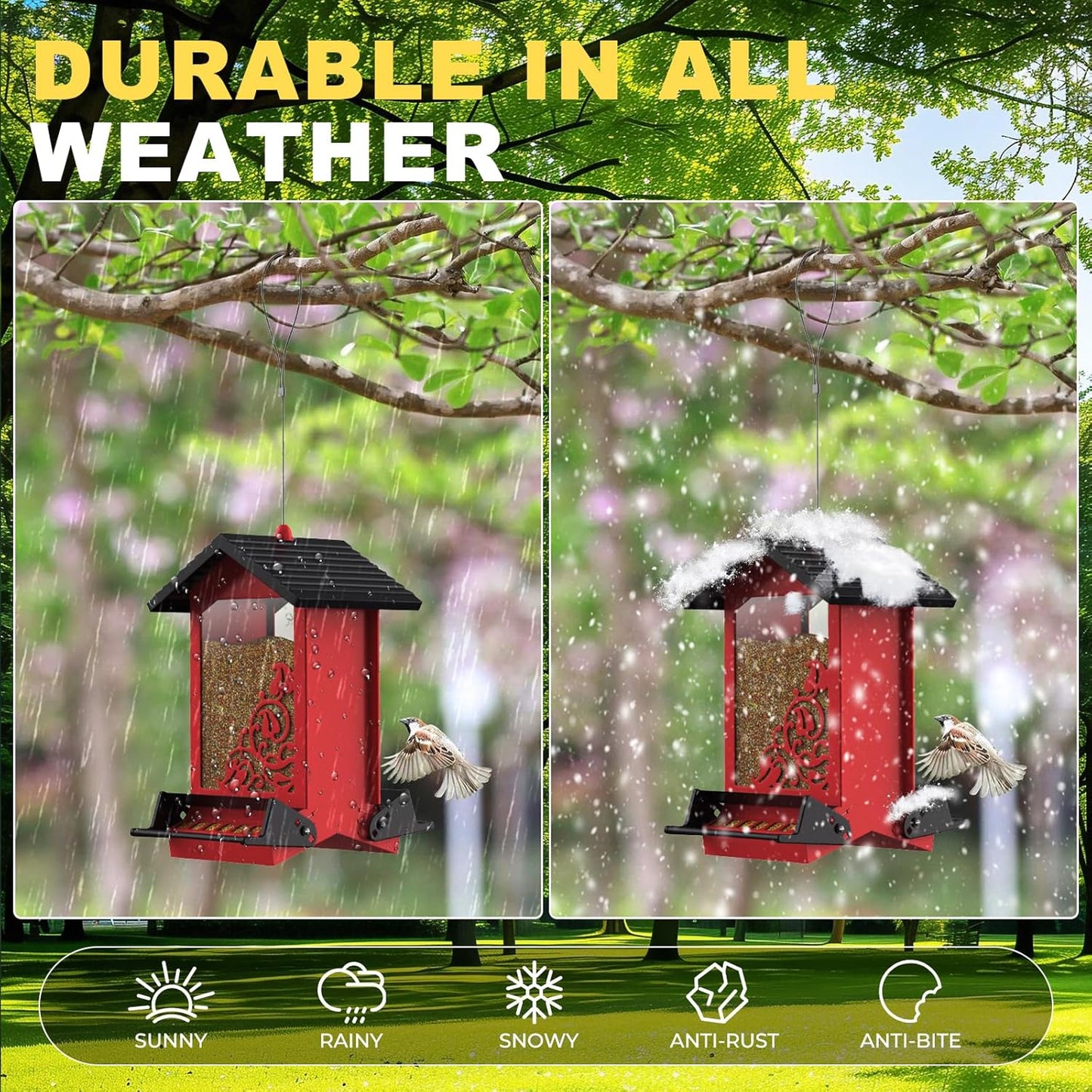 Squirrel Proof Bird Feeder for Outdoor Hanging,Metal Bird Seed Feeder with Bilateral Weight Activated Perches,5LB Large Capacity Wild Bird Feeders for Outside,Easy Refill and Clean,Red