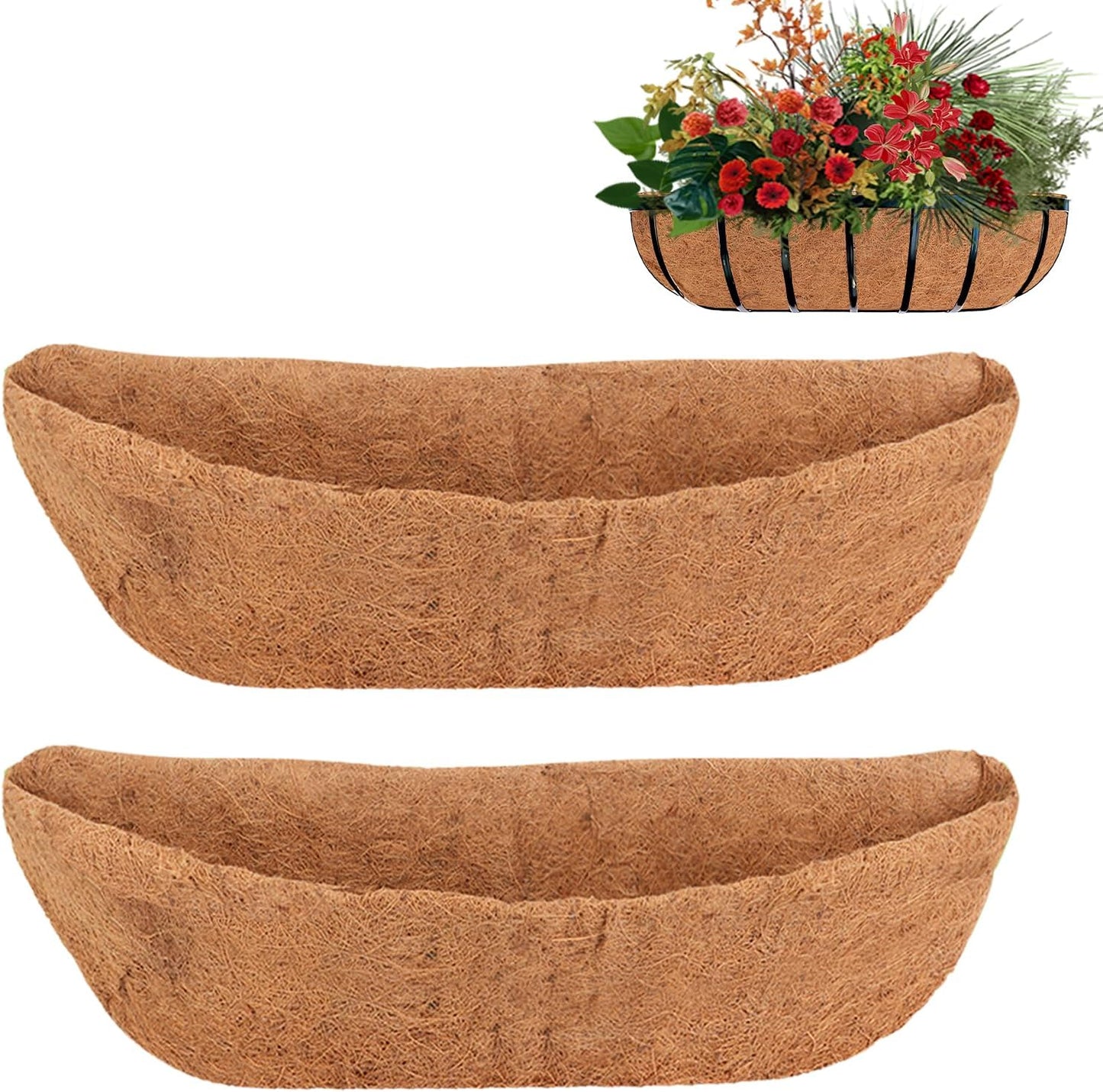 2 Pack 24 Inch Trough Coco Liner for Planters, Pre-Formed Coconut Coir Replacement Liner, Natural Coconut Fiber for Window Flower Box, Fence Flower Baskets, Garden Flower Pot