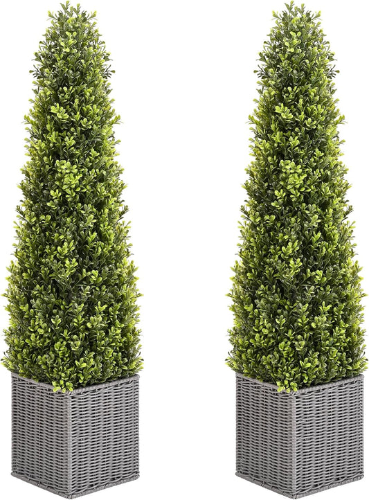 48 Inch Artificial Boxwood Outdoor Topiary Tree Set of 2, 4FT Potted Boxwood Tree Cone Topiary Artificial Plant Shrub for Front Porch Home Office Decor…