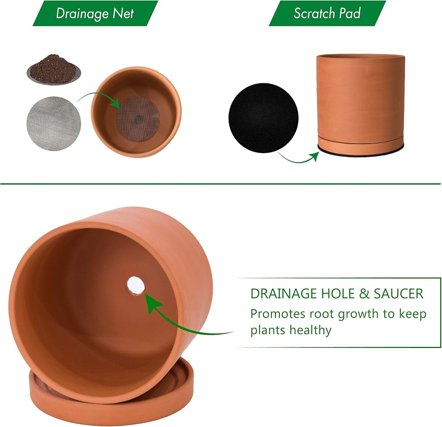 D'vine Dev Large 10 Inch Terracotta Plant Pot with Drainage Hole and Saucer, Round Cylinder Planter Pot for Indoor Plants, 40-X-A-5