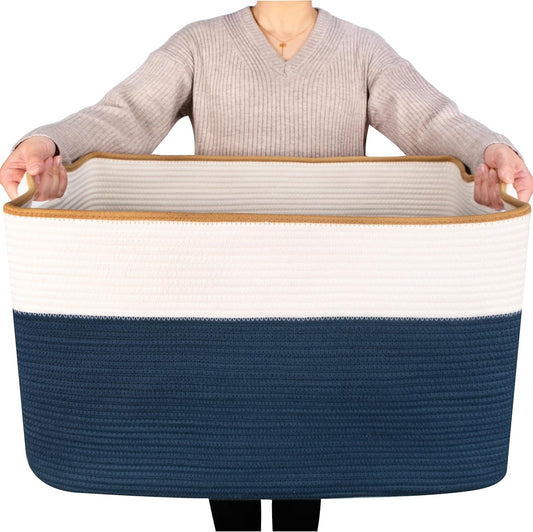 MINTWOOD Design 22in Extra Large Blanket Basket Holder Living Room, Rectangle Rope Woven Storage Basket with Handles for Laundry, Pool Towels, and Shoes, Dog Toy Organizer Bin Box, Prussian Blue