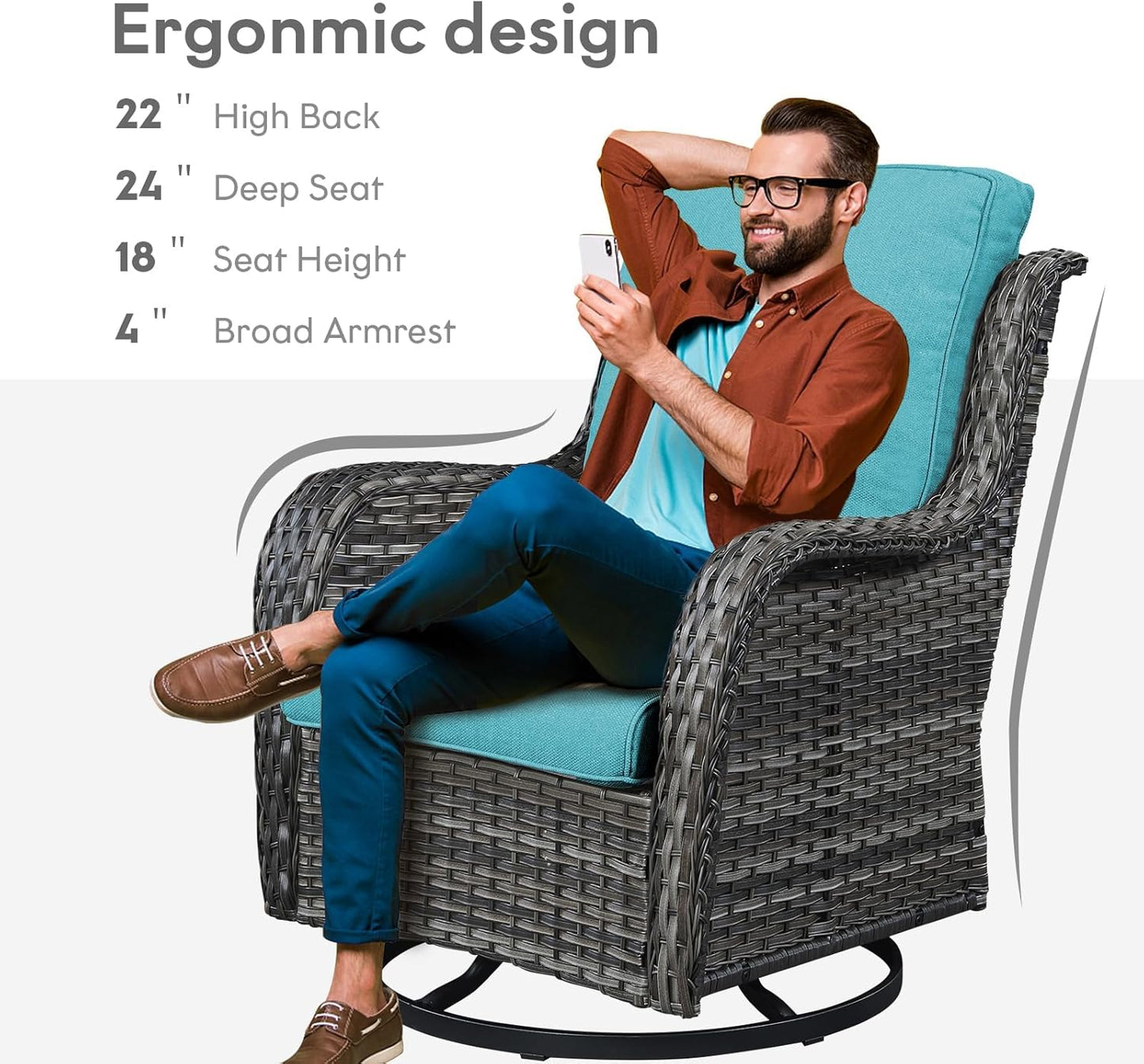 Outdoor Swivel Rcoker Wicker Chairs - Swivel Patio Chairs Set of 2 Patio Furniture Sets with Covered Cushion for Porch Deck Balcony Backyard, Turquoise Cushion