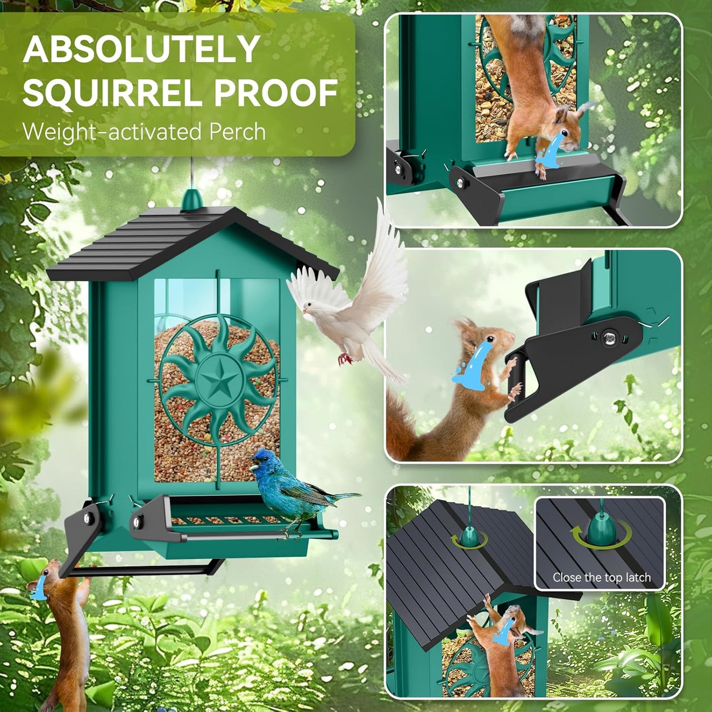 Squirrel Proof Bird Feeders for Outdoors, 5LBS Large Capacity Metal Wild Bird Feeder with Bilateral Weight-Activated Perches, Anti Squirrel Bird Feeders for Outside Finch, Cardinal, Blue Jay (Green)