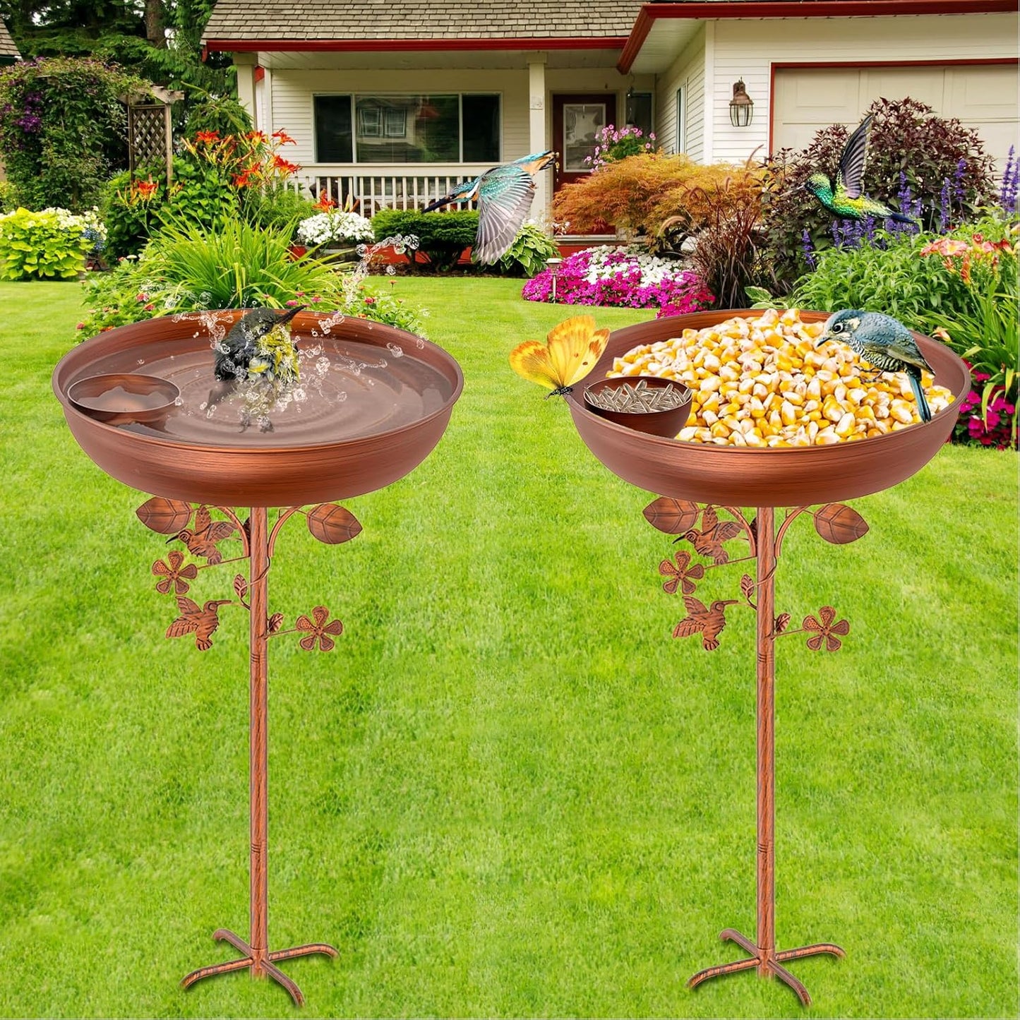 Metal Bird Bath for Outdoors Garden Birdbath Bowl, 39.6" Height Bird Feeders for Outside with 5 Prongs Base Stake, Standing Birdfeeders for Yard Lawn Decor (B)