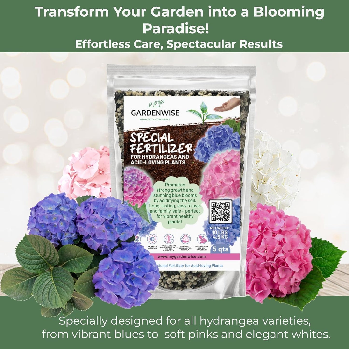 Slow Release Hydrangea Fertilizer with Iron & Sulfur – Indoor & Outdoor Soil Acidifier for Miracle Growth (3 qt)